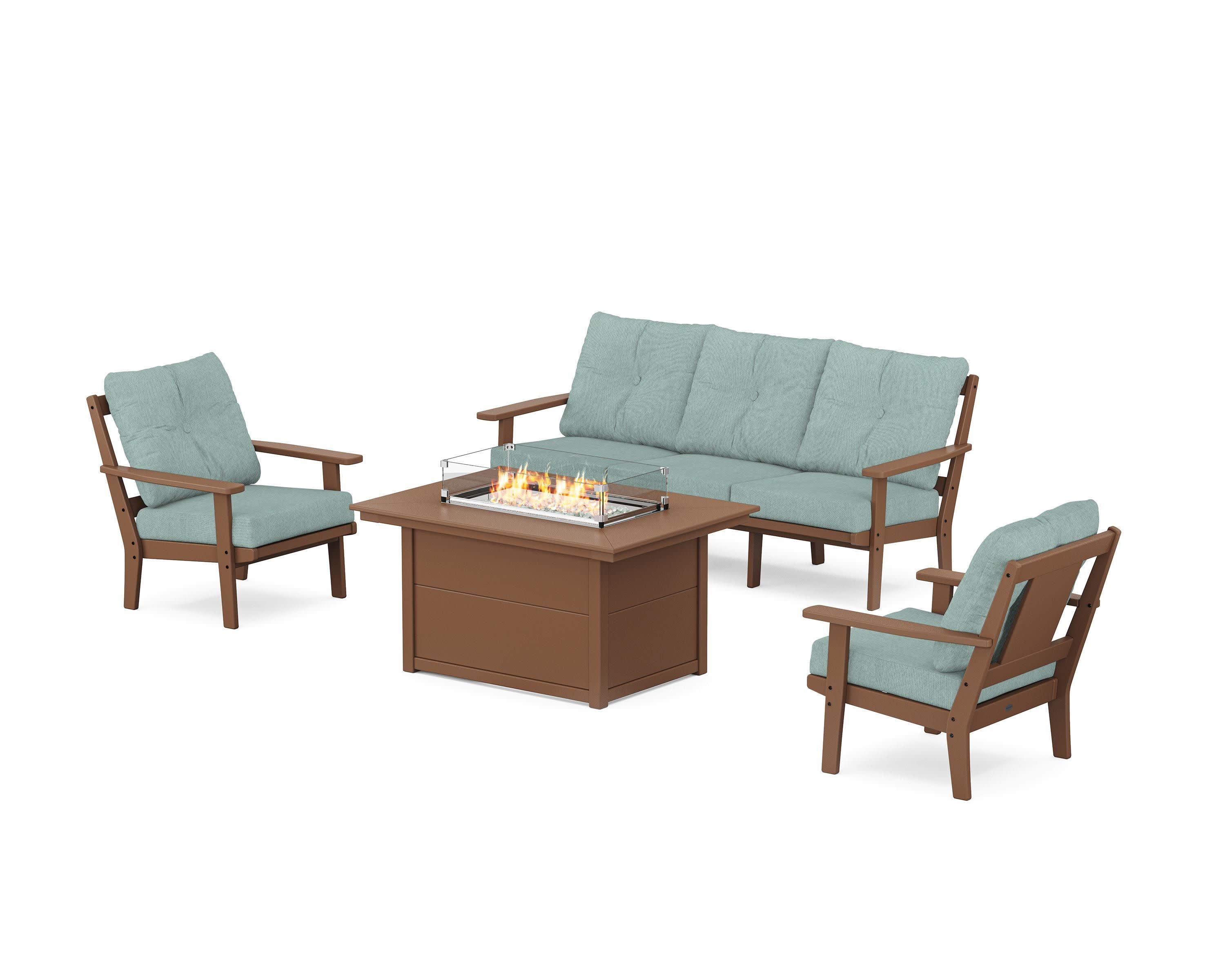 Prairie Deep Seating Fire Pit Table Set in Teak / Glacier Spa