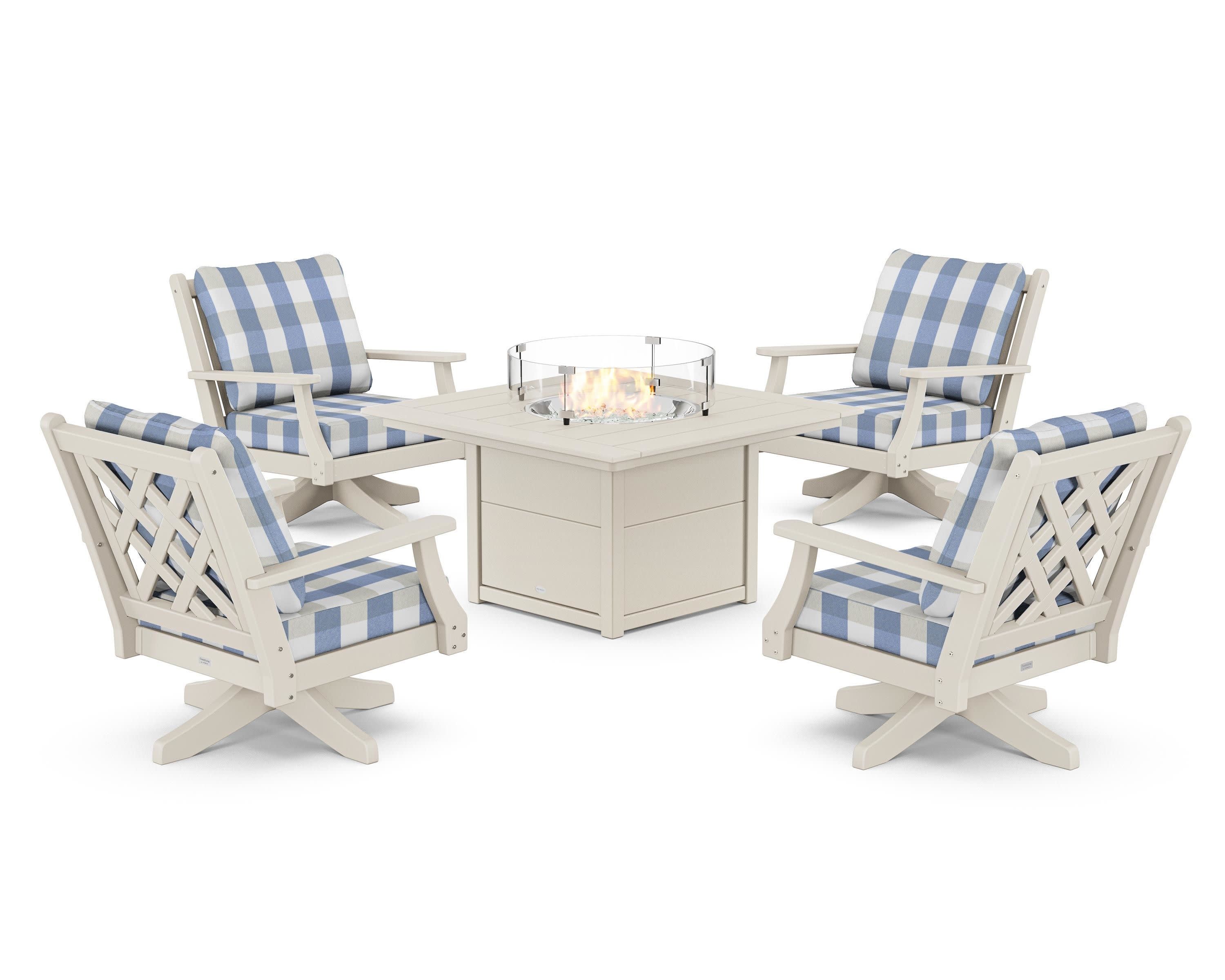 Wovendale 5-Piece Deep Seating Swivel Conversation Set with Fire Pit Table in Sand / Buffalo Plaid Sky Blue