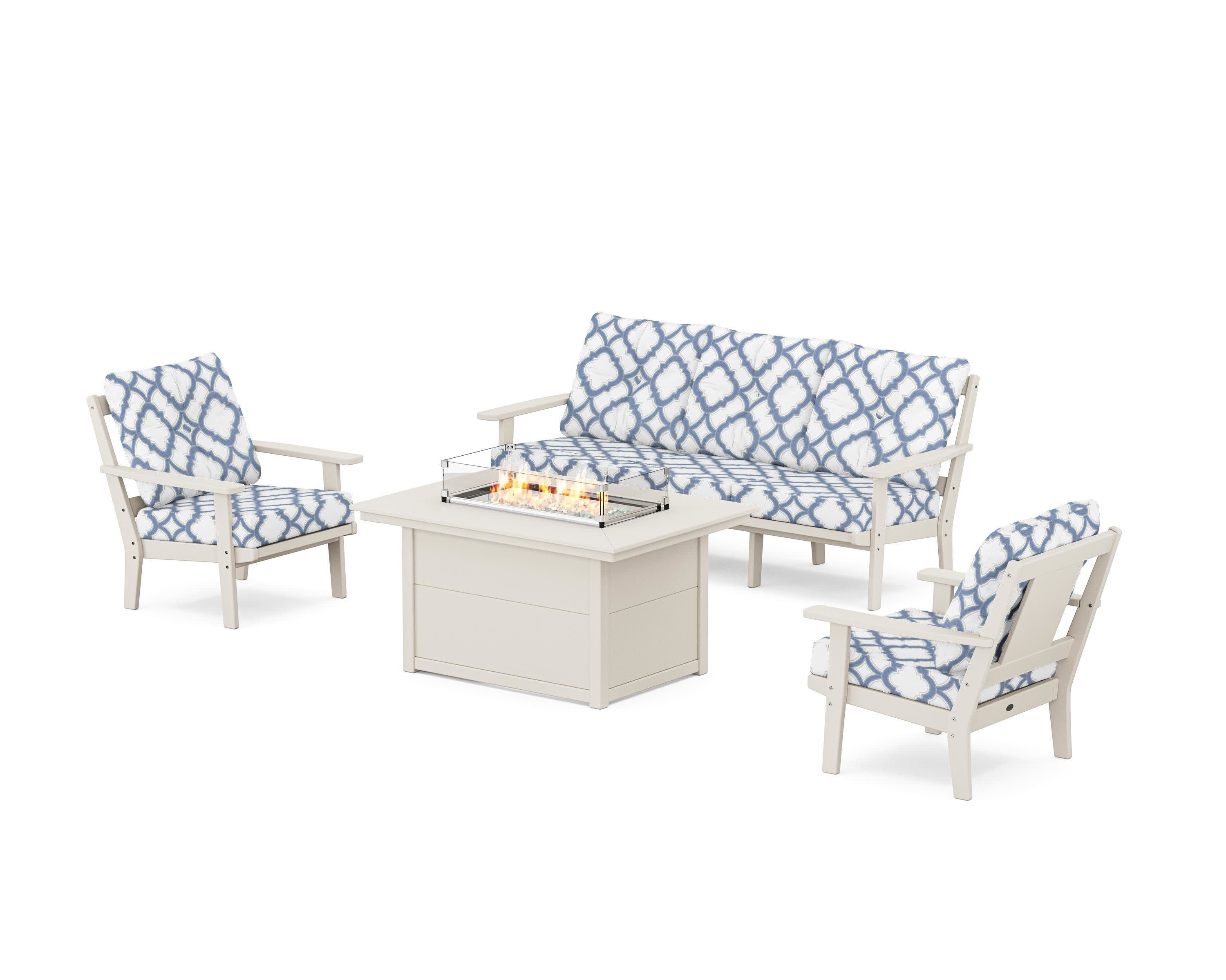 Prairie Deep Seating Fire Pit Table Set in Sand / Trellis Sky Blue