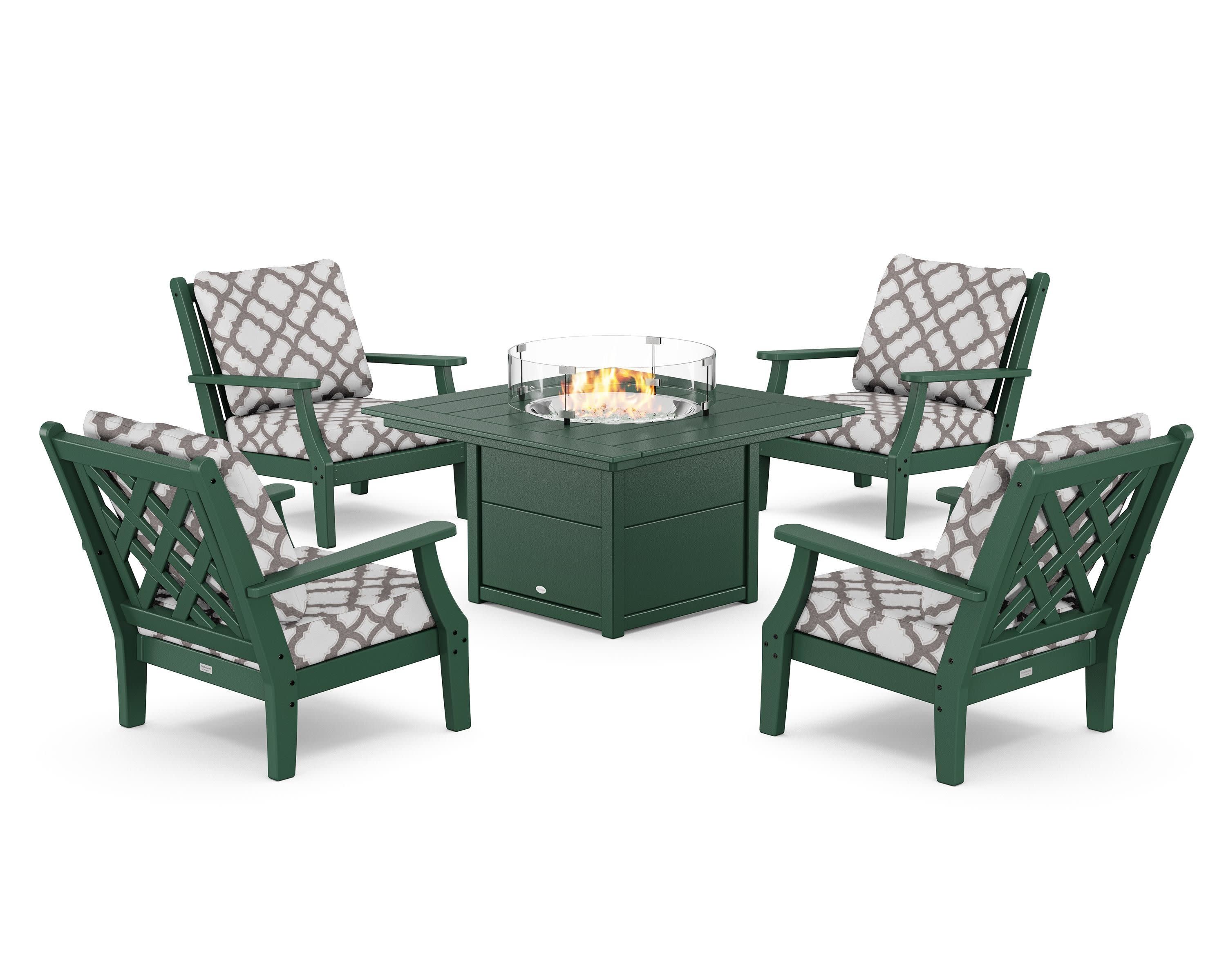 Wovendale 5-Piece Deep Seating Set with Fire Pit Table in Green / Trellis Grey Mist