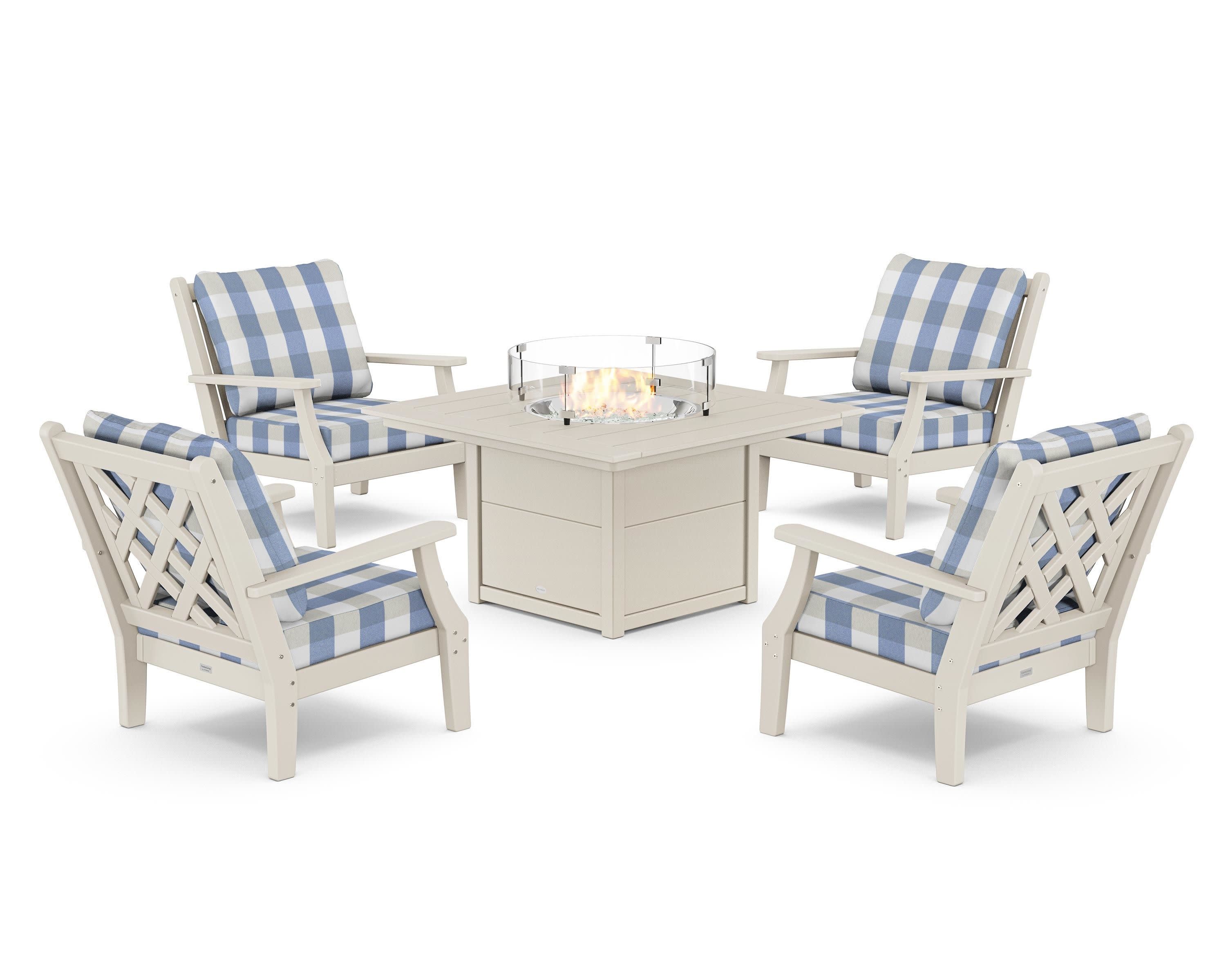 Wovendale 5-Piece Deep Seating Set with Fire Pit Table in Sand / Buffalo Plaid Sky Blue
