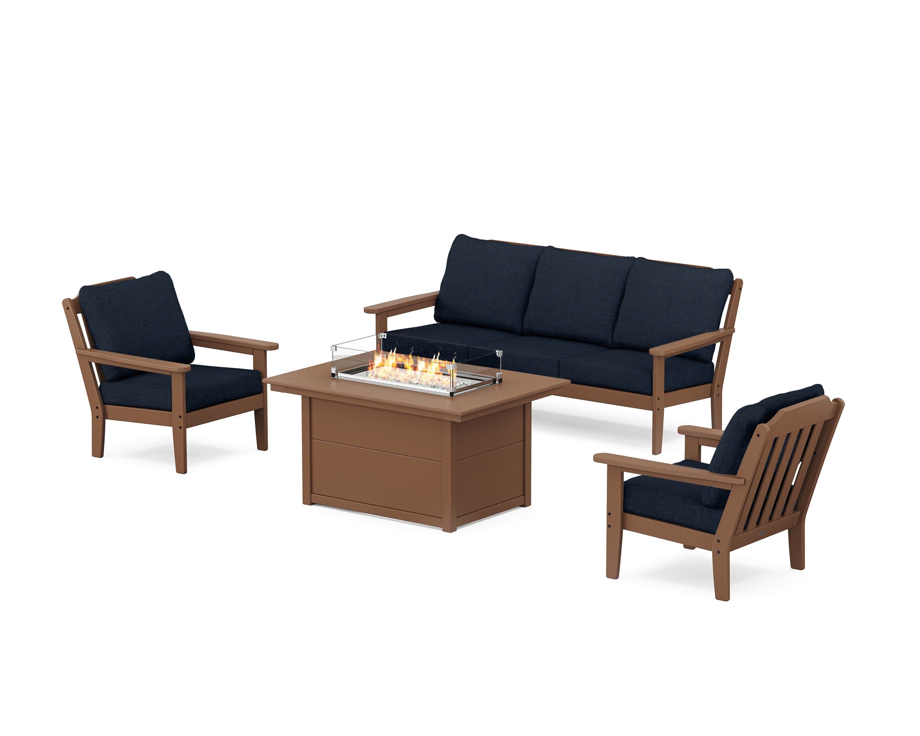 Cottage Deep Seating Fire Pit Table Set in Teak / Marine Indigo