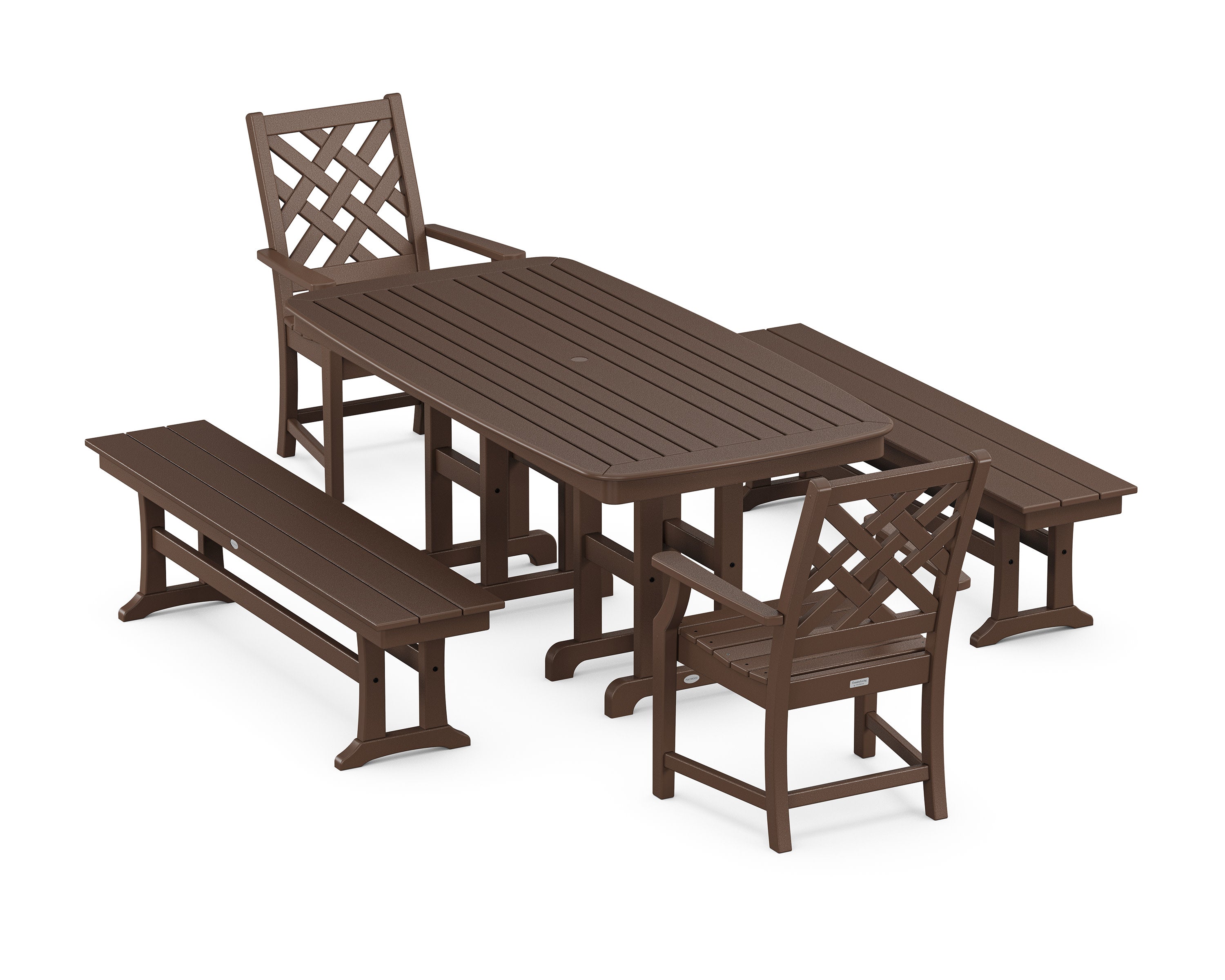 Wovendale 5-Piece Dining Set with Benches in Mahogany