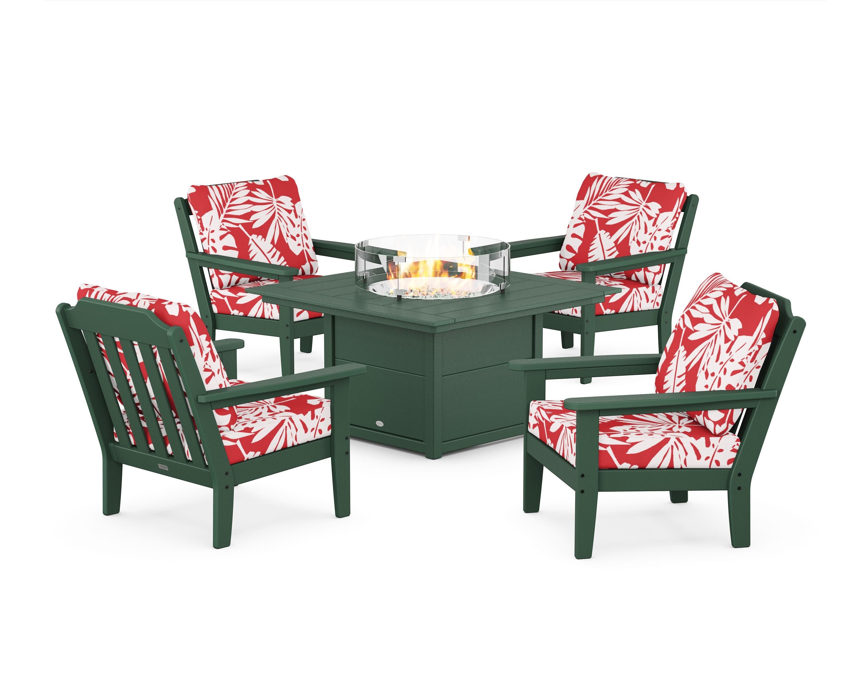 Cottage 5-Piece Deep Seating Set with Fire Pit Table in Green / Leaf Crimson