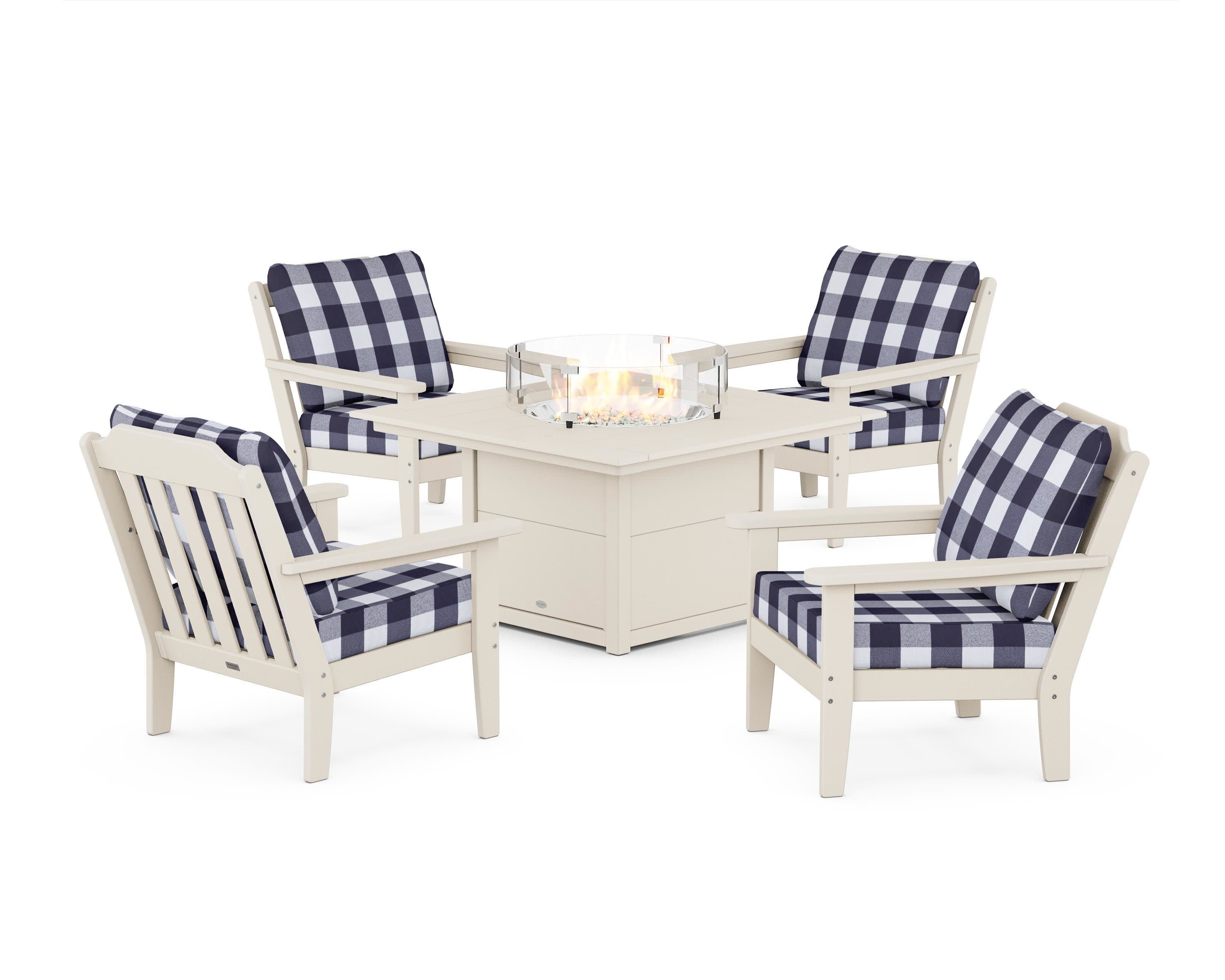 Cottage 5-Piece Deep Seating Set with Fire Pit Table in Sand / Buffalo Plaid Navy