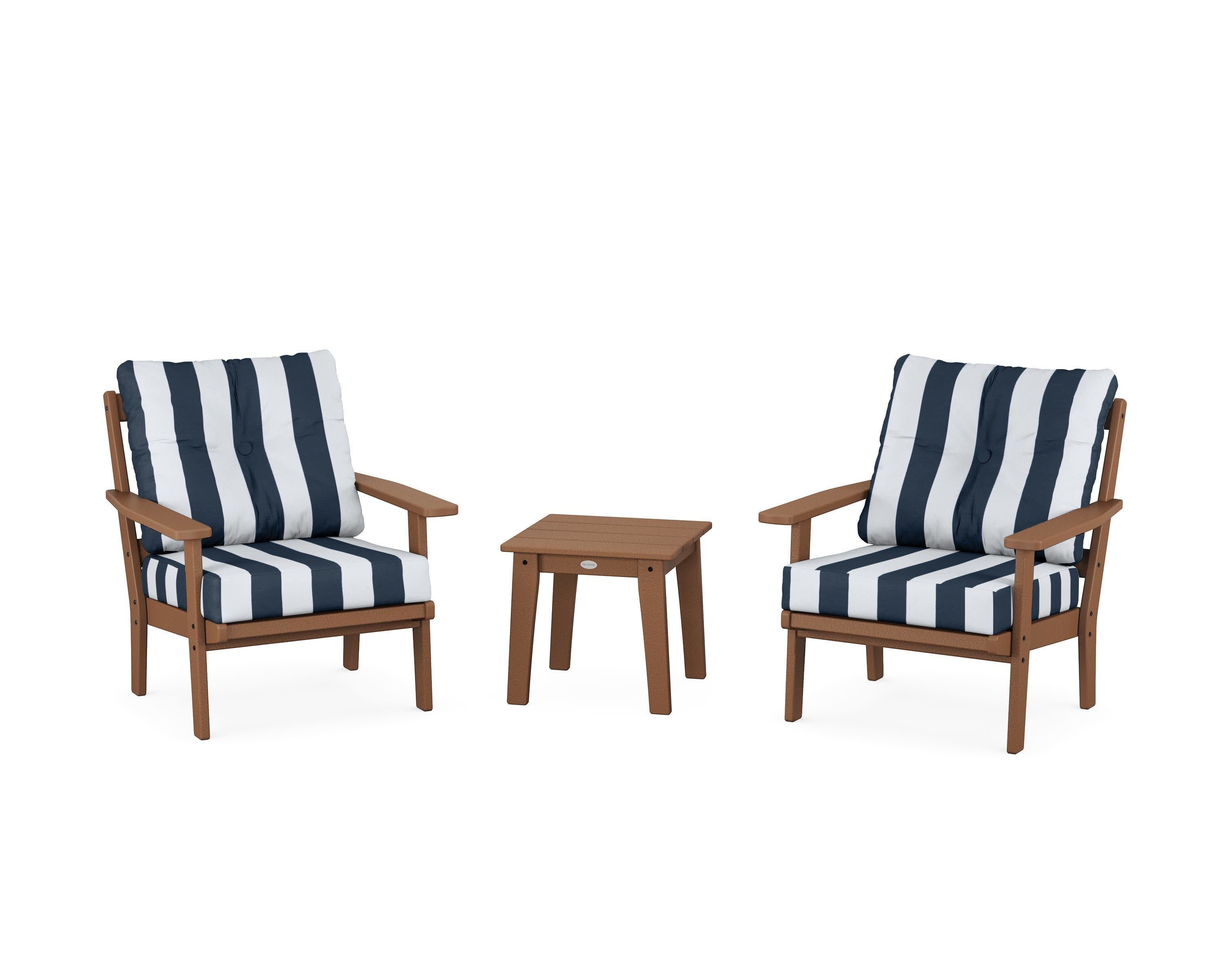 Prairie 3-Piece Deep Seating Set in Teak / Cabana Stripe Marine Indigo