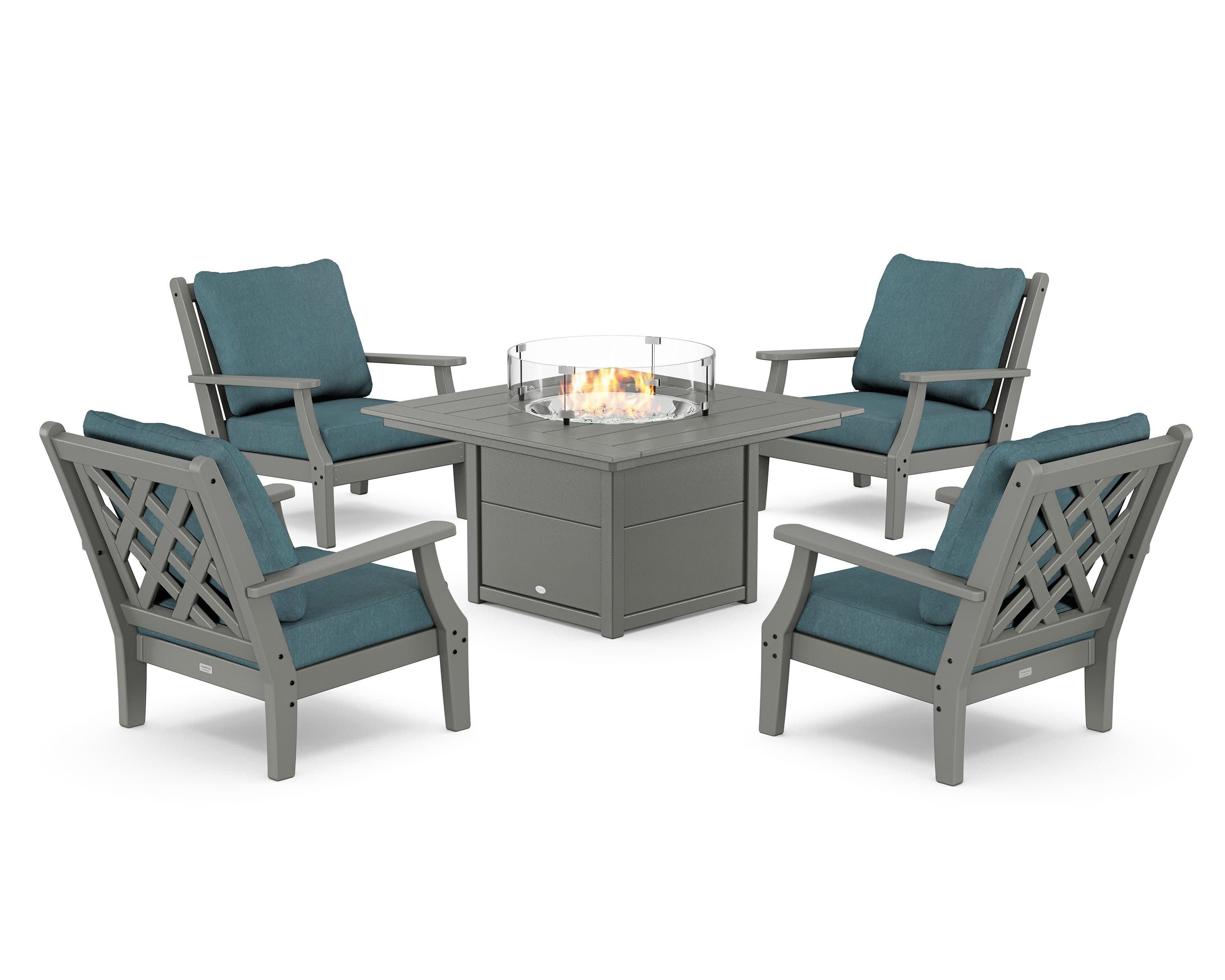 Wovendale 5-Piece Deep Seating Set with Fire Pit Table in Slate Grey / Ocean Teal