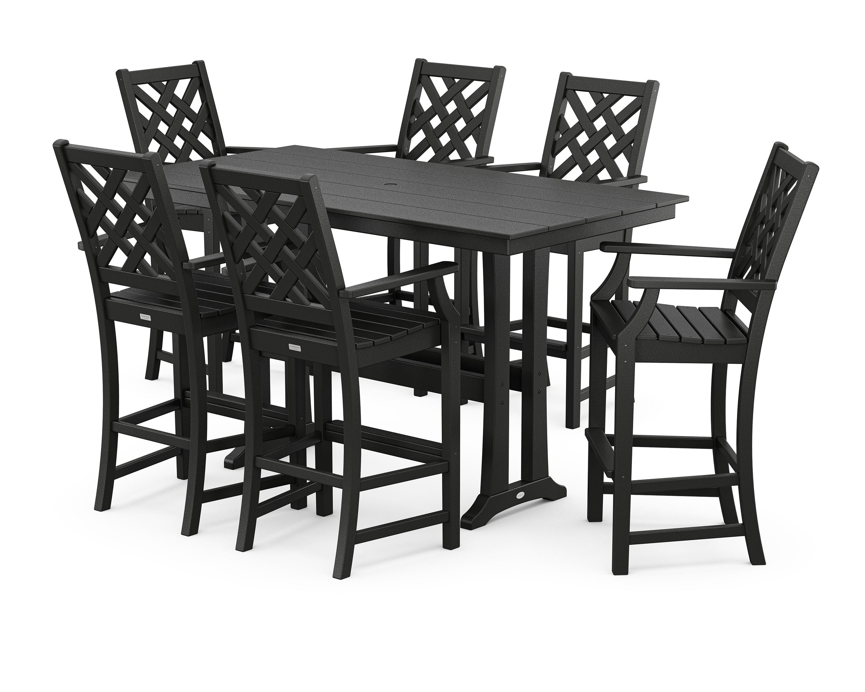 Wovendale Arm Chair 7-Piece Farmhouse Bar Set with Trestle Legs in Black