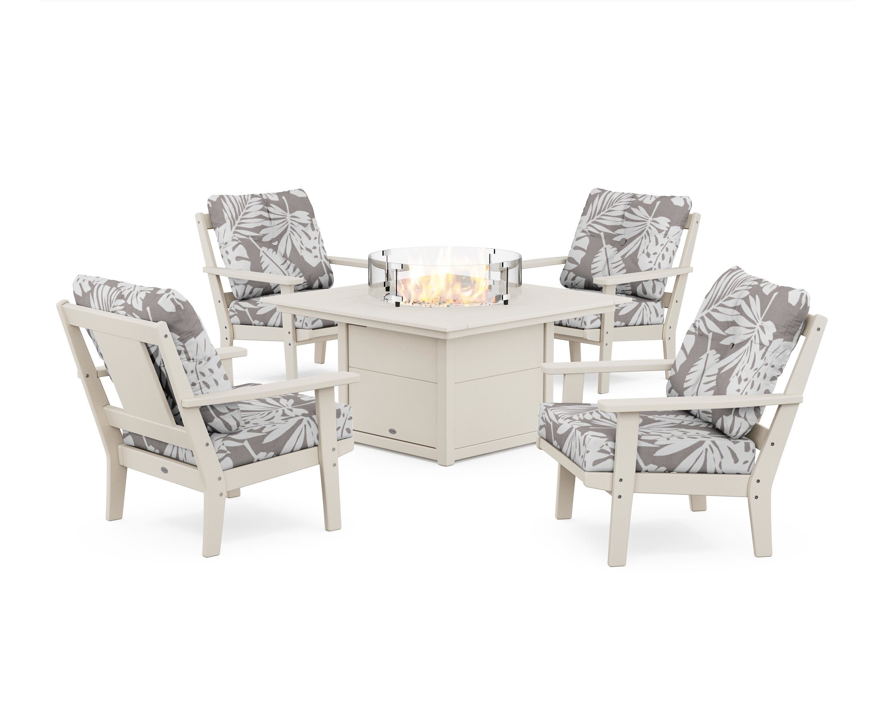 Prairie 5-Piece Deep Seating Set with Fire Pit Table in Sand / Leaf Grey Mist