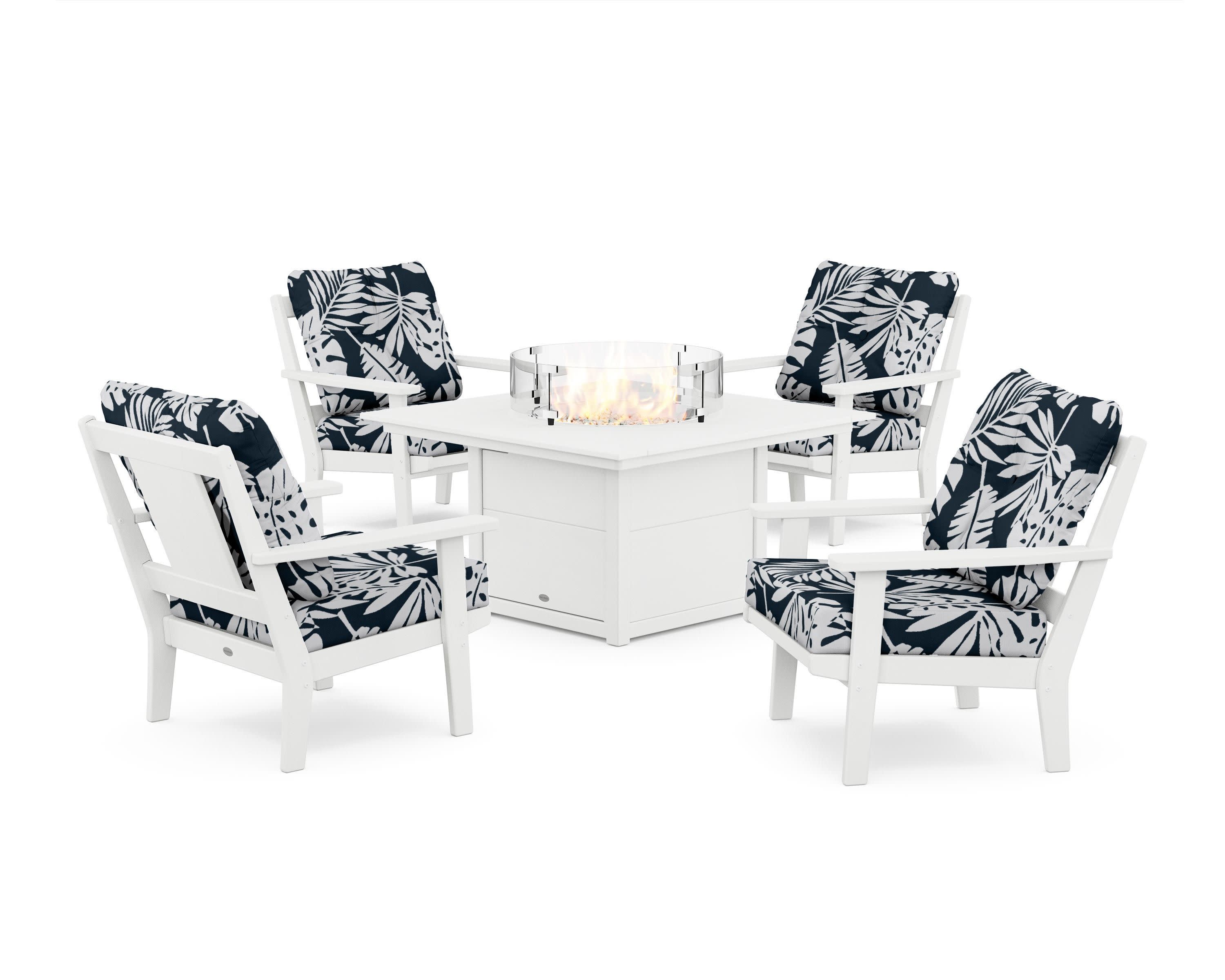 Prairie 5-Piece Deep Seating Set with Fire Pit Table in White / Leaf Marine Indigo