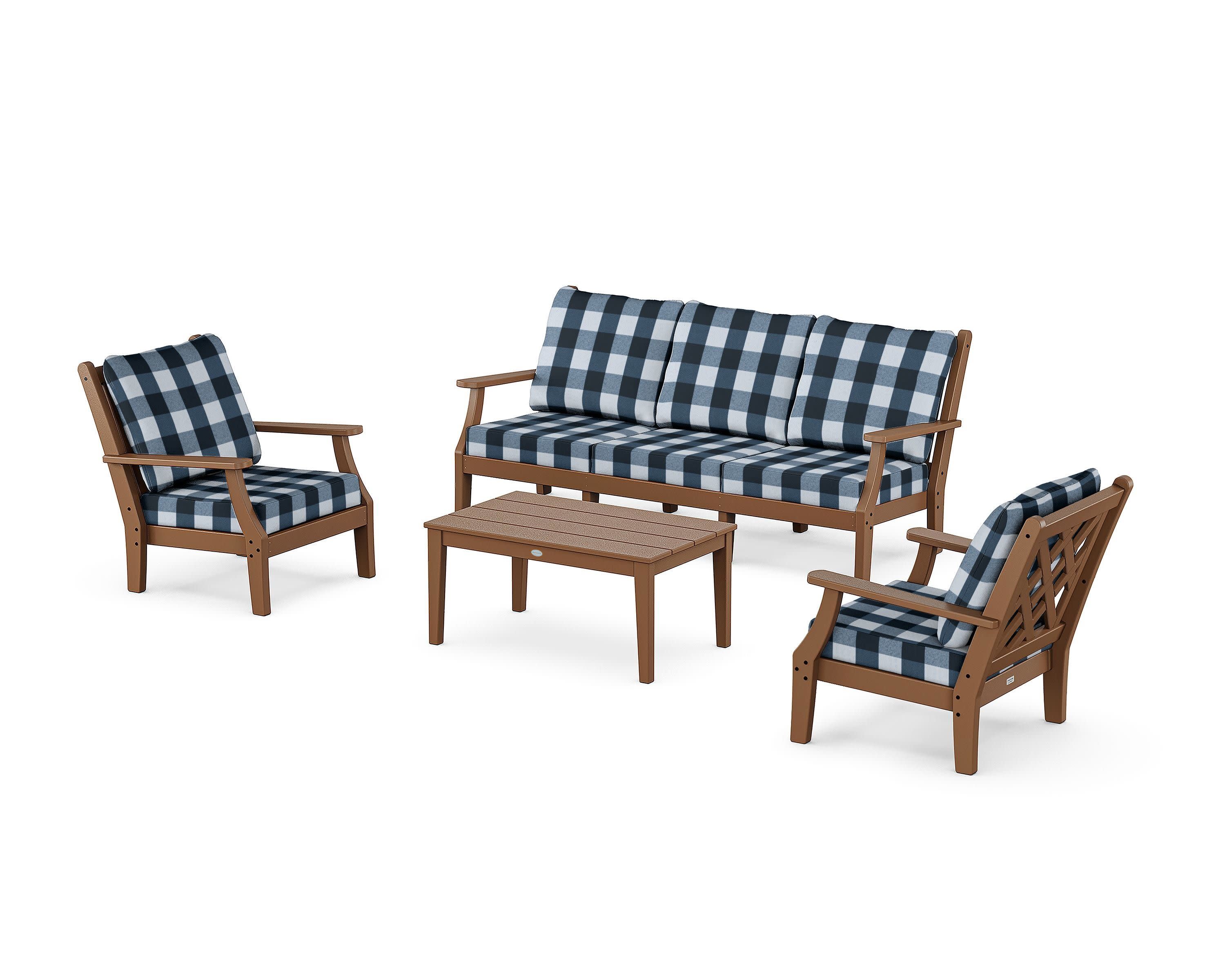 Wovendale 4-Piece Deep Seating Set with Sofa in Teak / Buffalo Plaid Marine Indigo