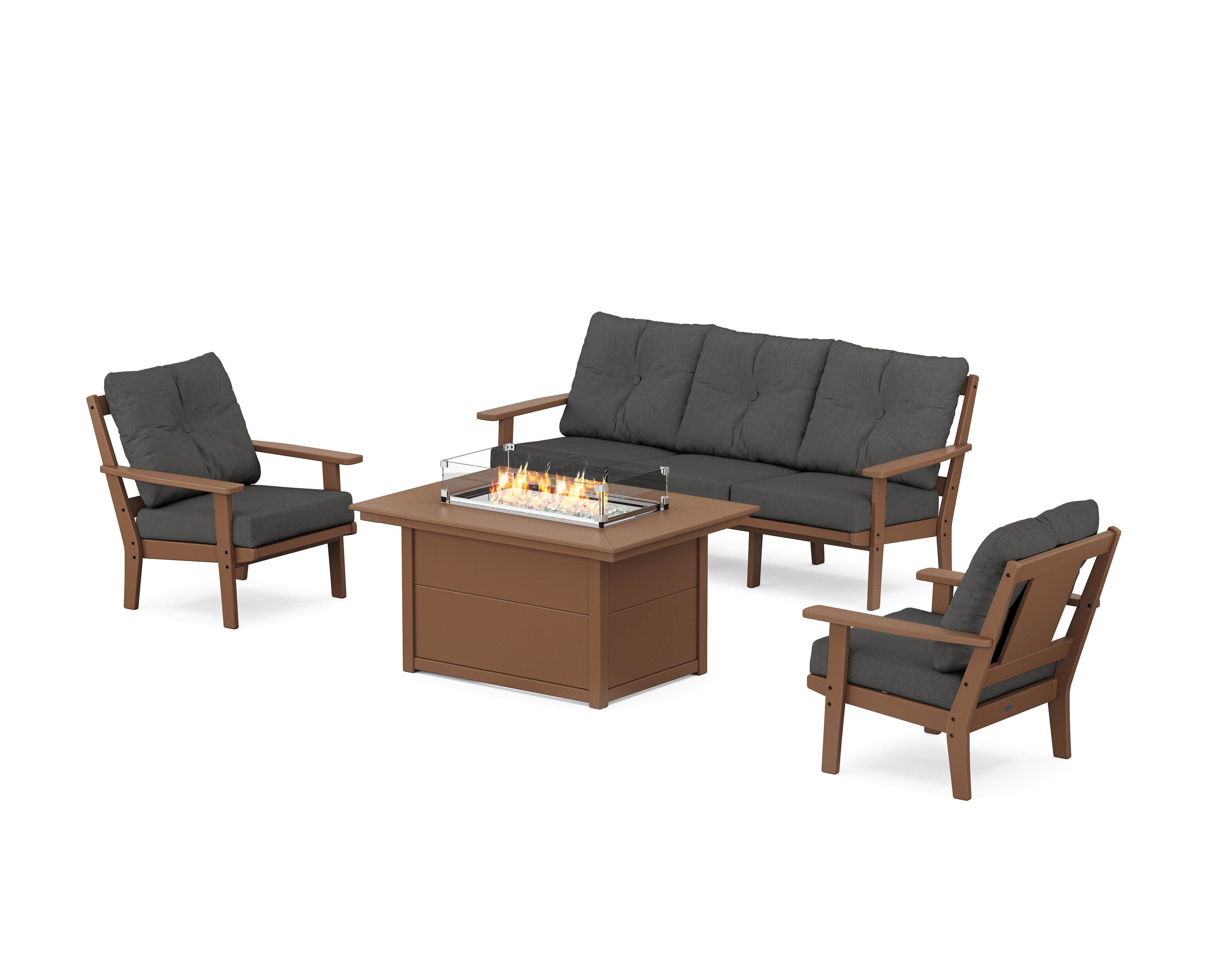 Prairie Deep Seating Fire Pit Table Set in Teak / Spectrum Carbon