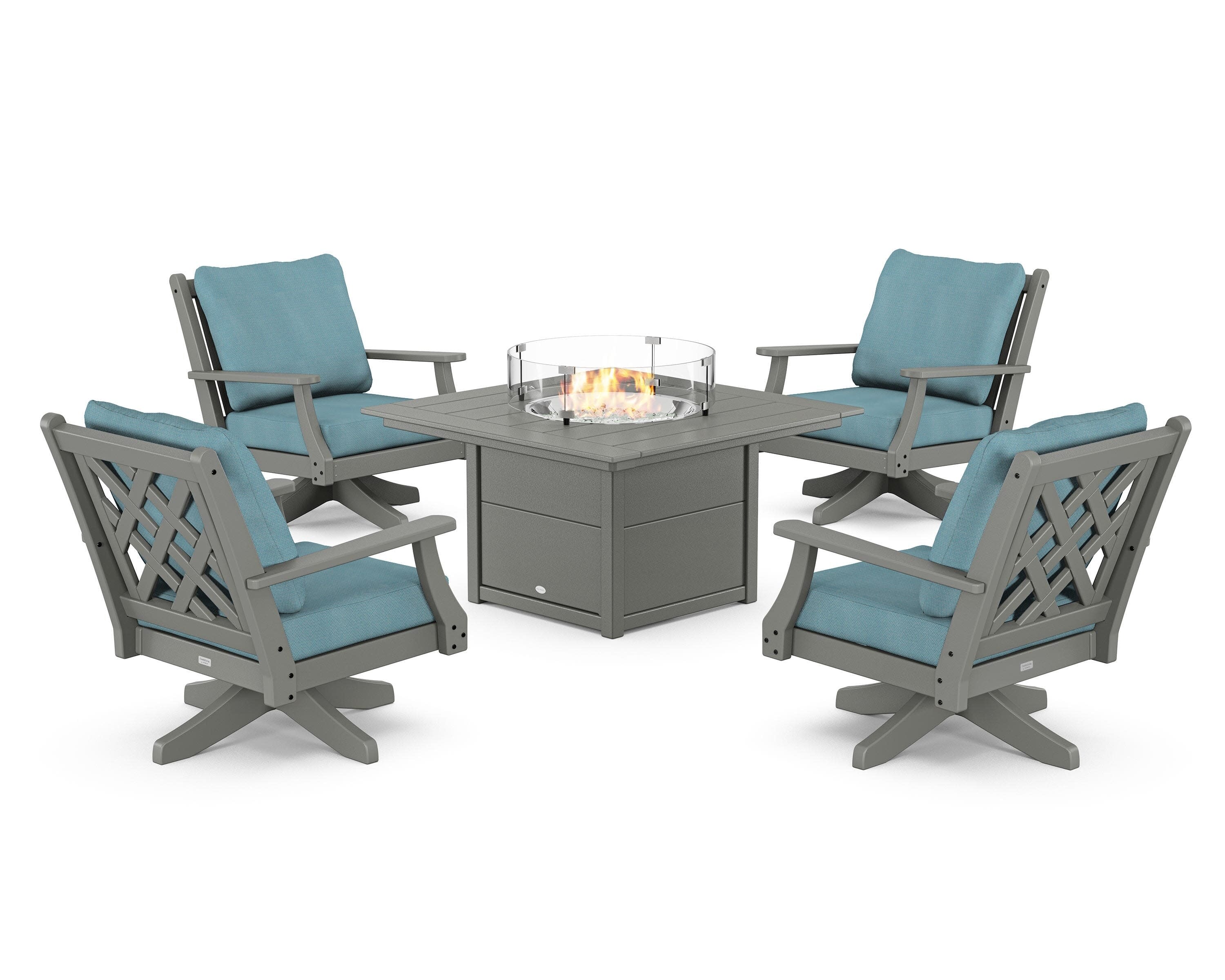 Wovendale 5-Piece Deep Seating Swivel Conversation Set with Fire Pit Table in Slate Grey / Lattice Sky Blue