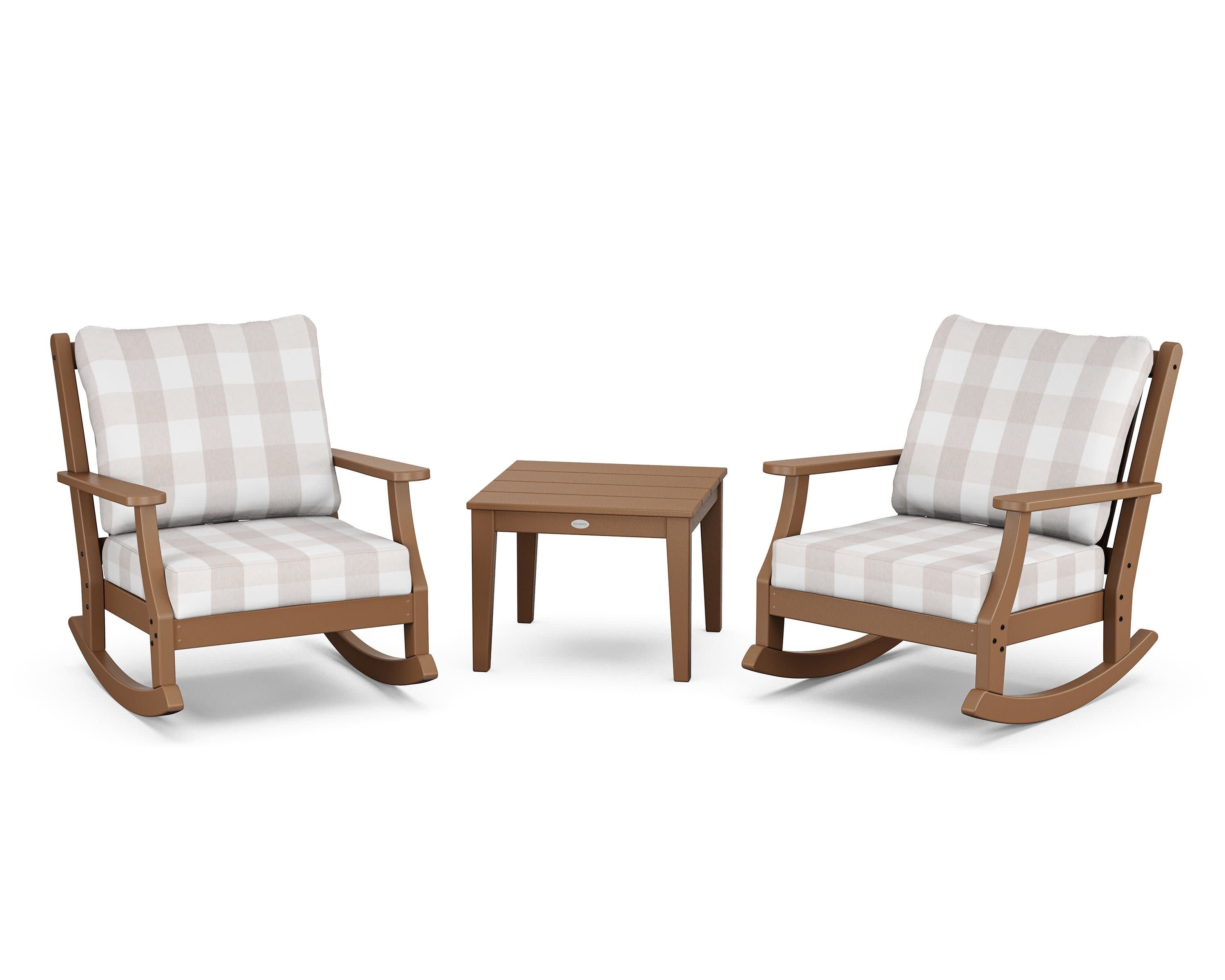 Wovendale 3-Piece Deep Seating Rocker Set in Teak / Buffalo Plaid Dune Burlap