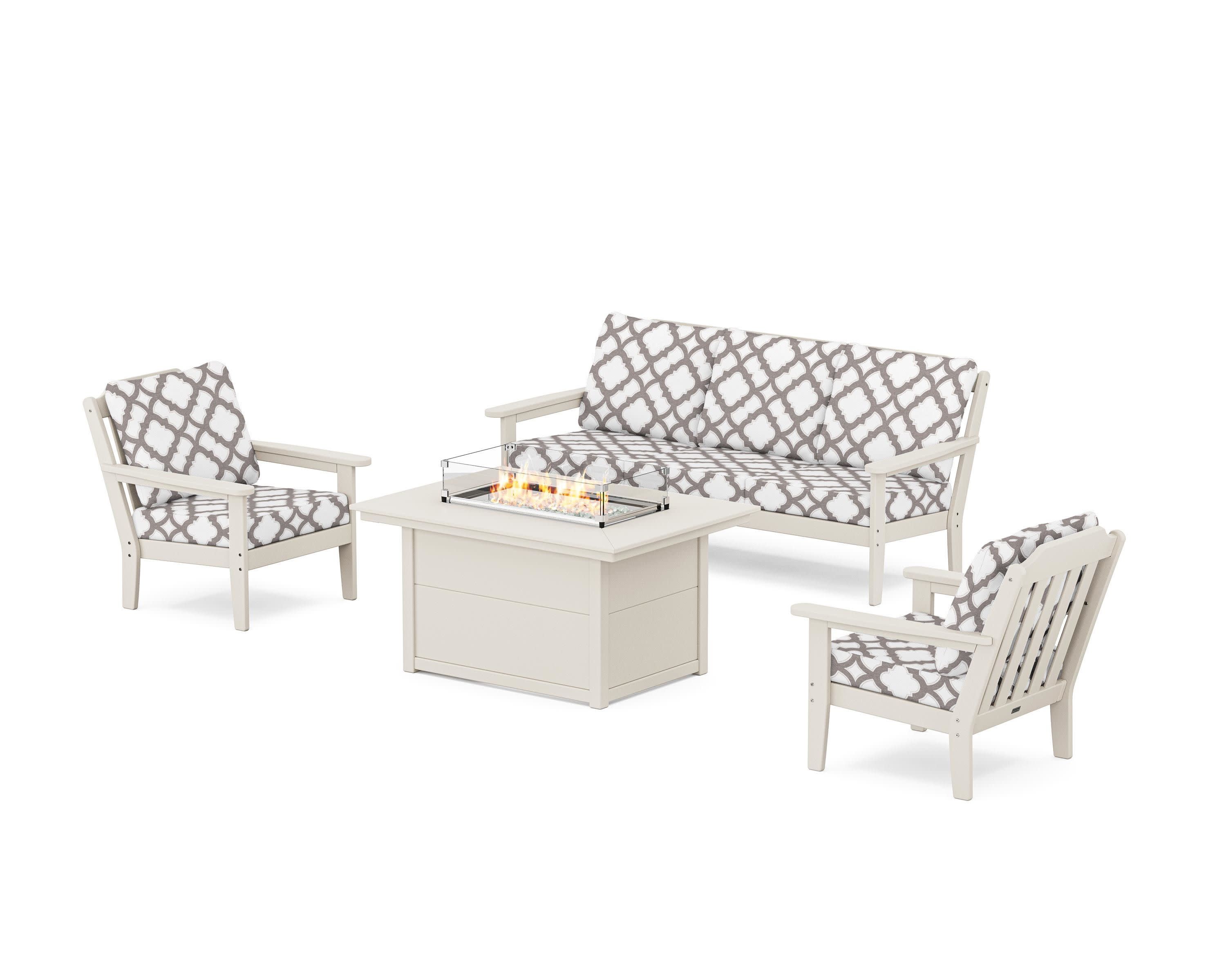 Cottage Deep Seating Fire Pit Table Set in Sand / Trellis Grey Mist