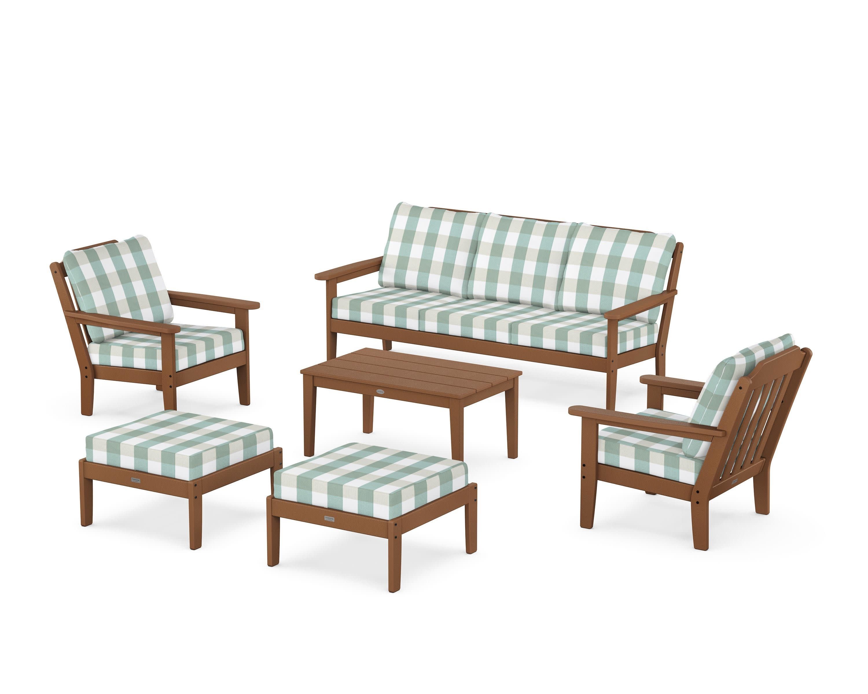 Cottage 6-Piece Lounge Sofa Set in Teak / Buffalo Plaid Glacier Spa