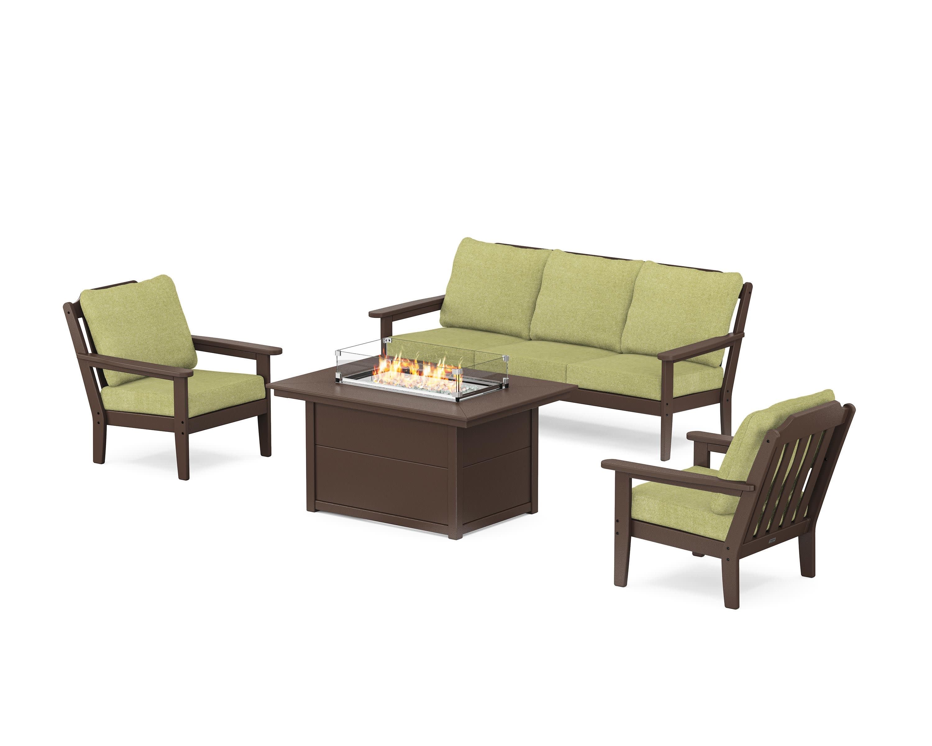Cottage Deep Seating Fire Pit Table Set in Mahogany / Chartreuse Boucle