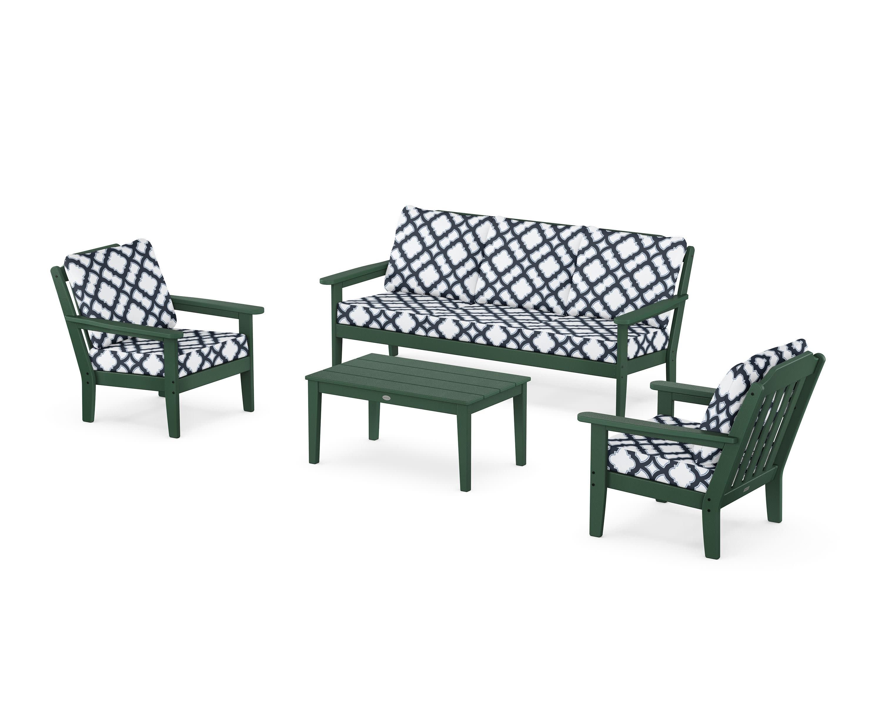 Cottage 4-Piece Deep Seating Set with Sofa in Green / Trellis Marine Indigo