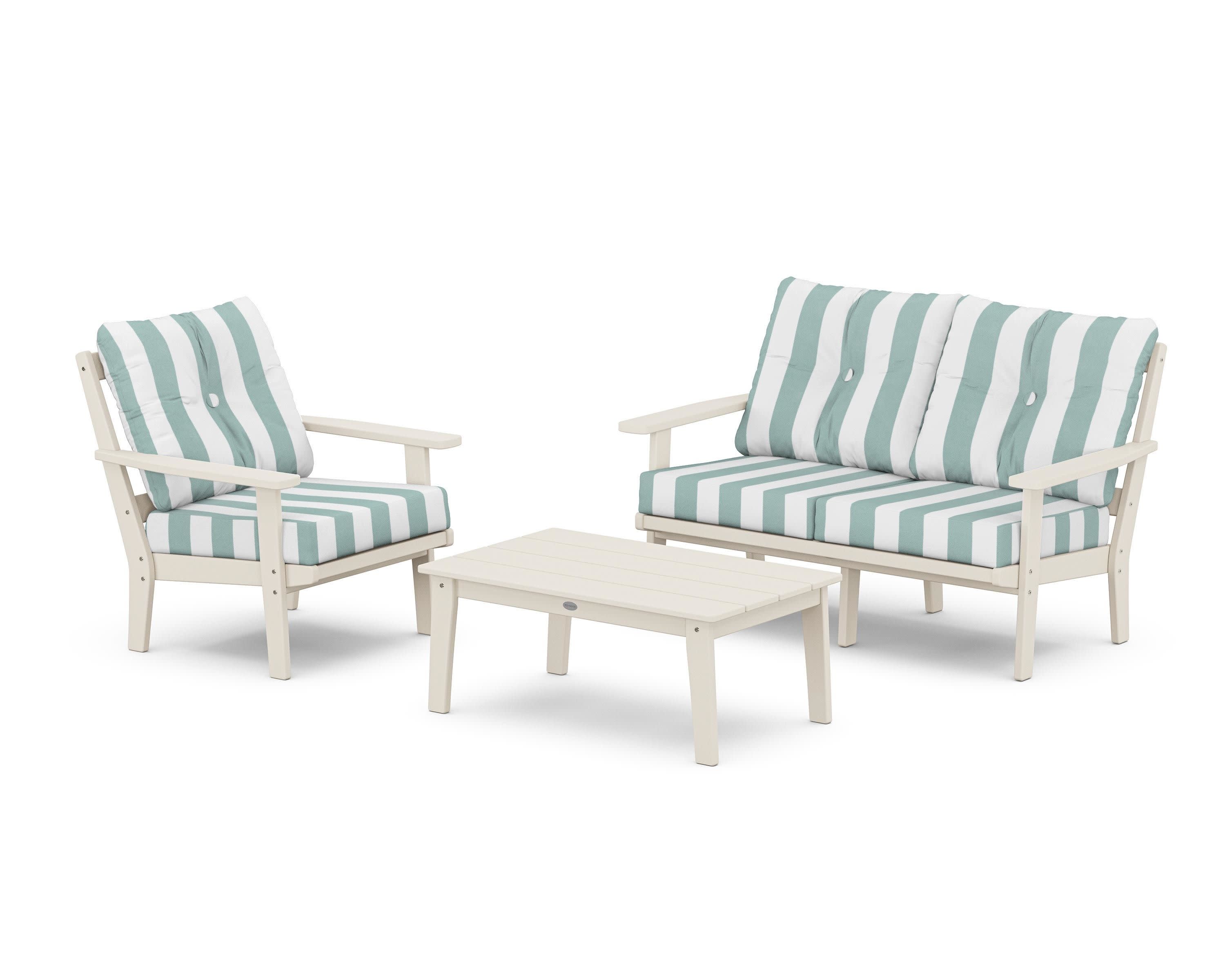 Prairie 3-Piece Deep Seating Set with Loveseat in Sand / Cabana Stripe Glacier Spa
