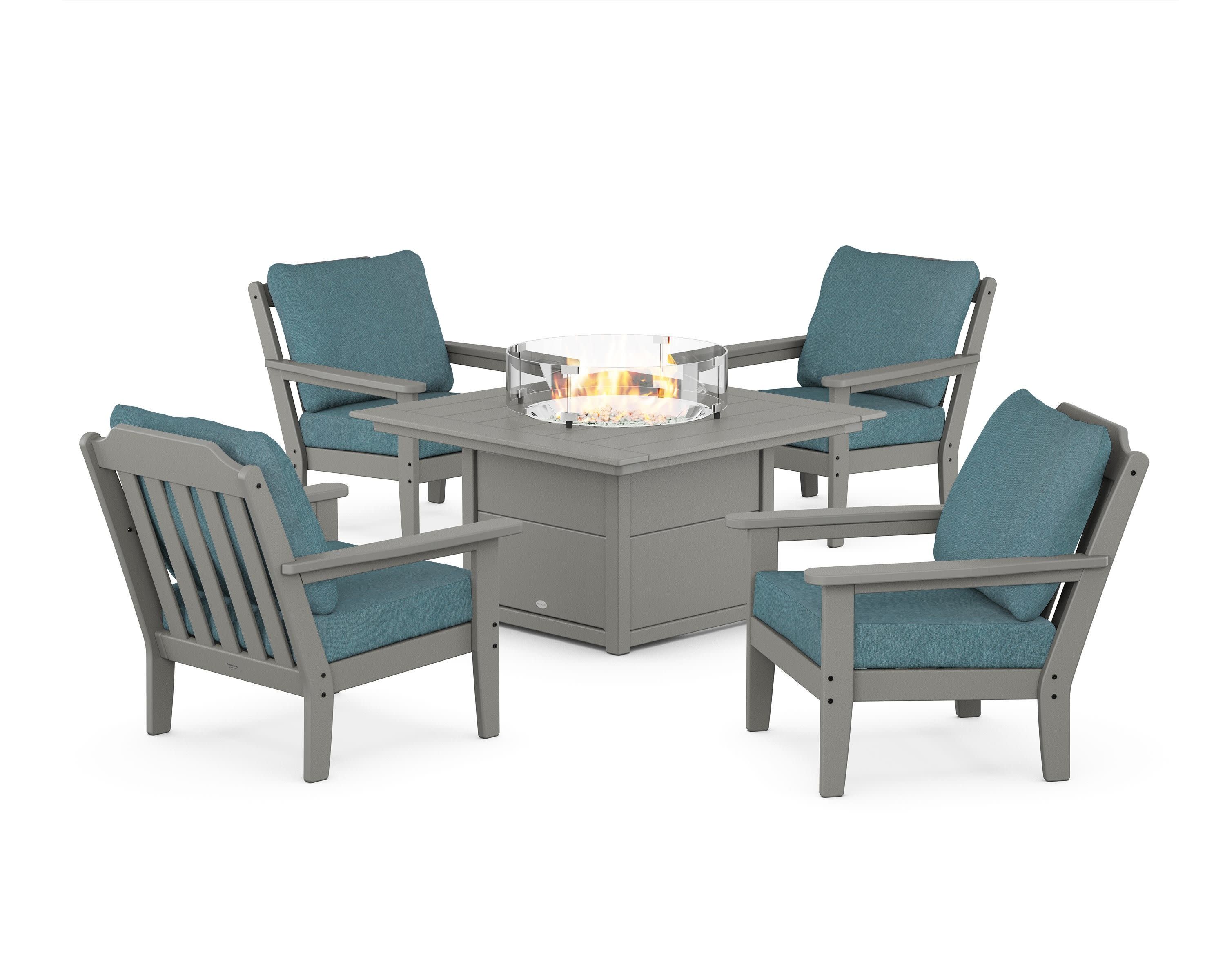Cottage 5-Piece Deep Seating Set with Fire Pit Table in Slate Grey / Ocean Teal