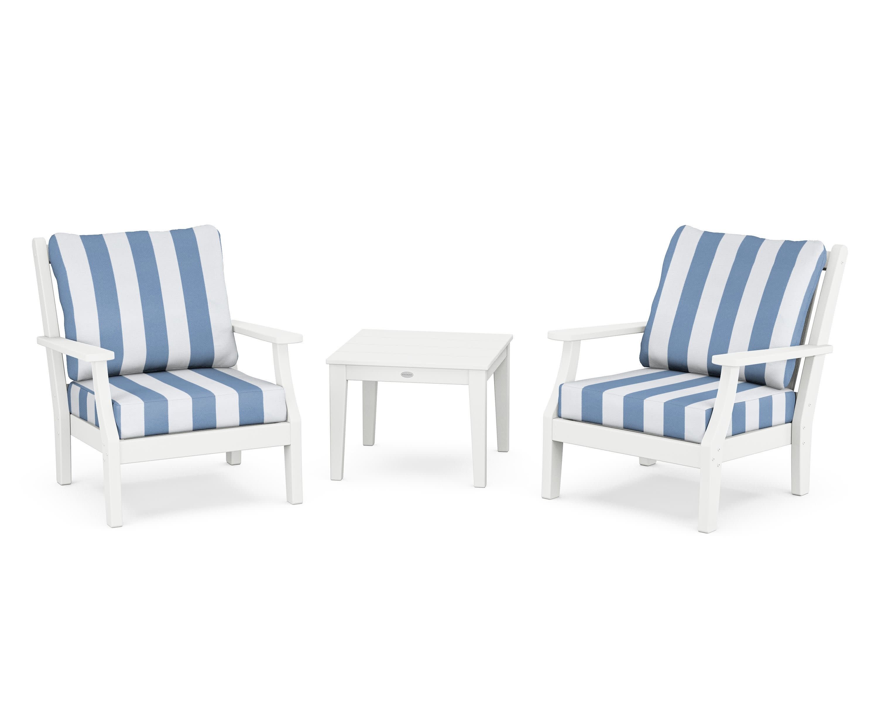 Wovendale 3-Piece Deep Seating Set in White / Cabana Stripe Sky Blue
