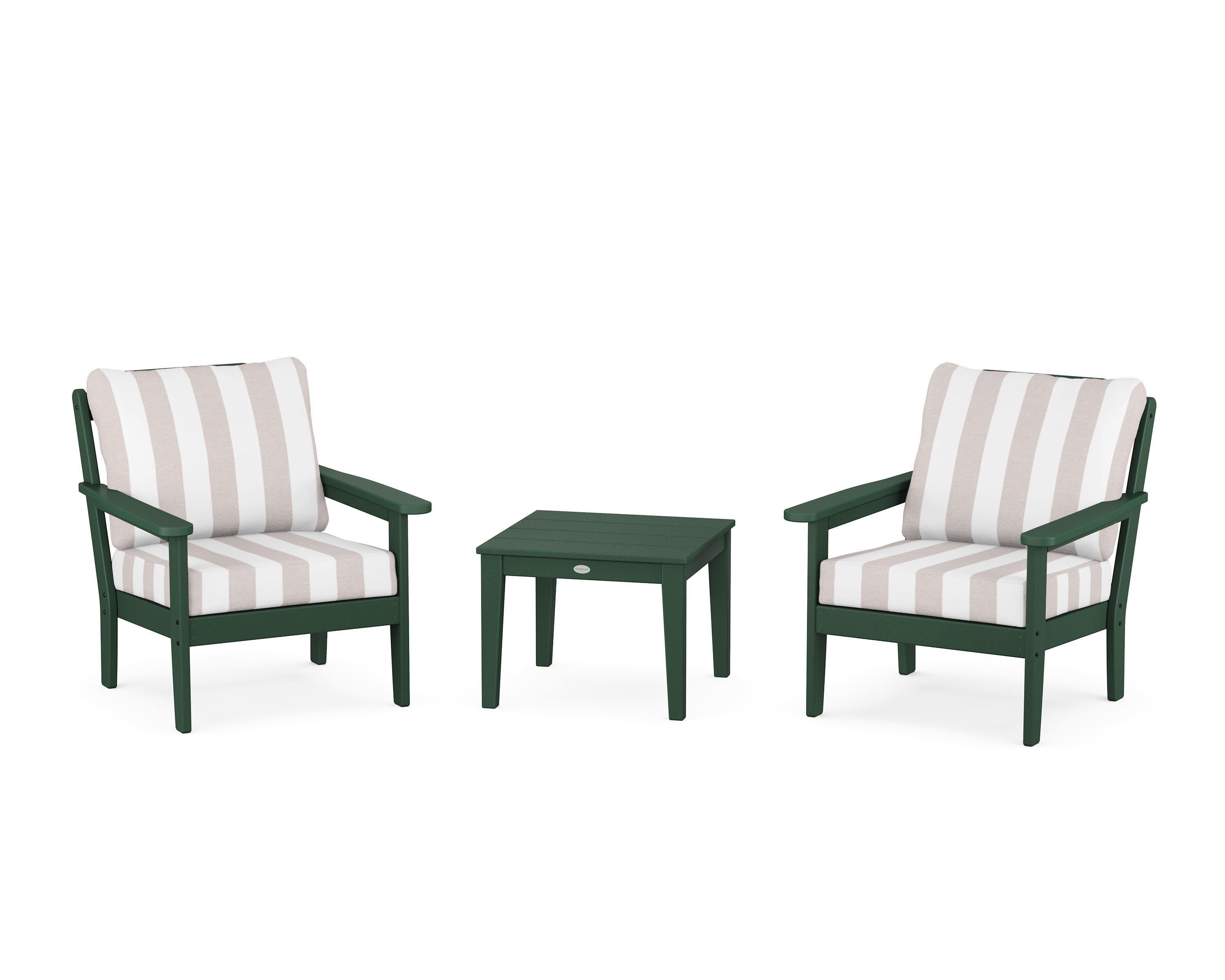 Cottage 3-Piece Deep Seating Set in Green / Cabana Stripe Dune Burlap