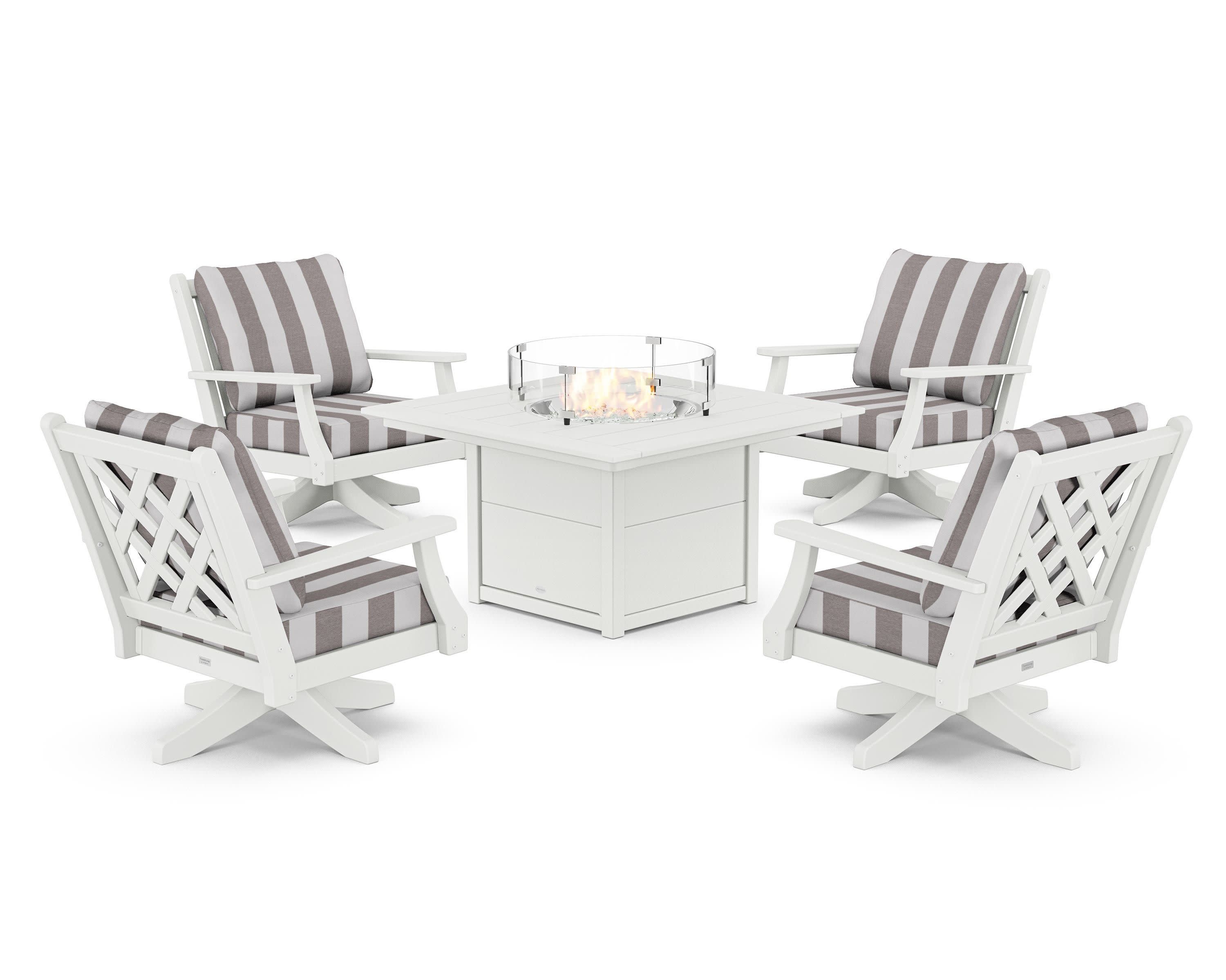 Wovendale 5-Piece Deep Seating Swivel Conversation Set with Fire Pit Table in White / Cabana Stripe Grey Mist