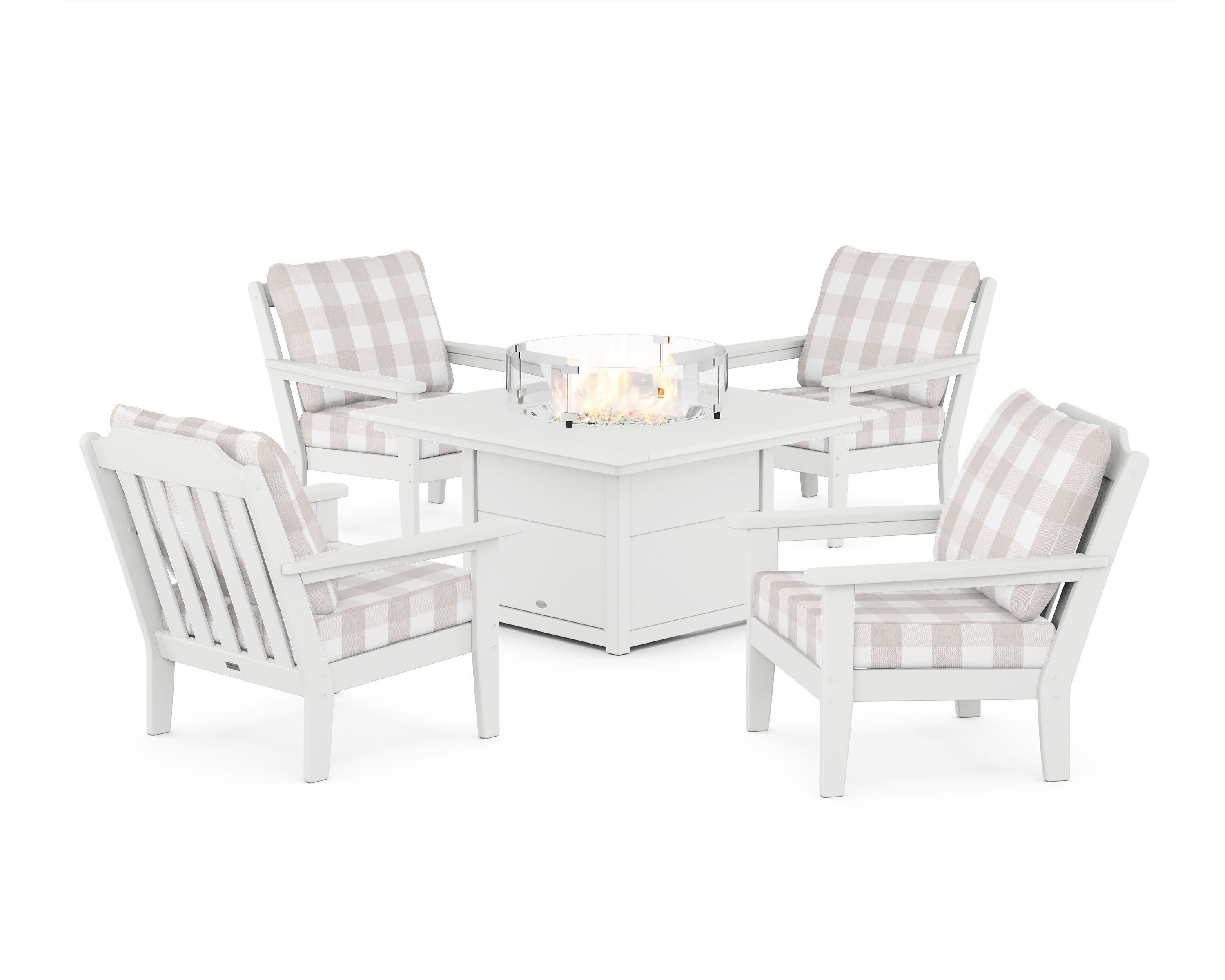 Cottage 5-Piece Deep Seating Set with Fire Pit Table in White / Buffalo Plaid Dune Burlap