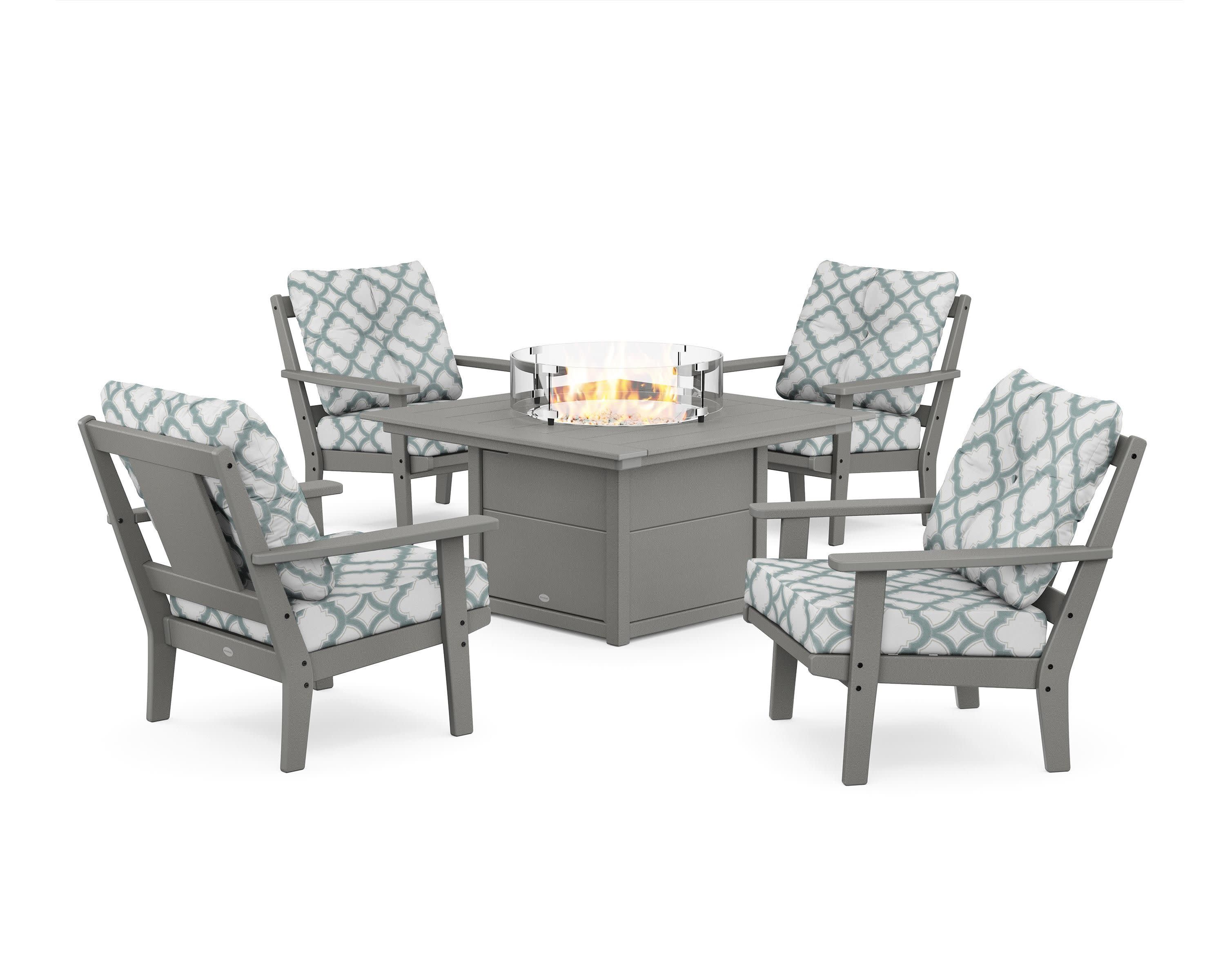 Prairie 5-Piece Deep Seating Set with Fire Pit Table in Slate Grey / Trellis Glacier Spa