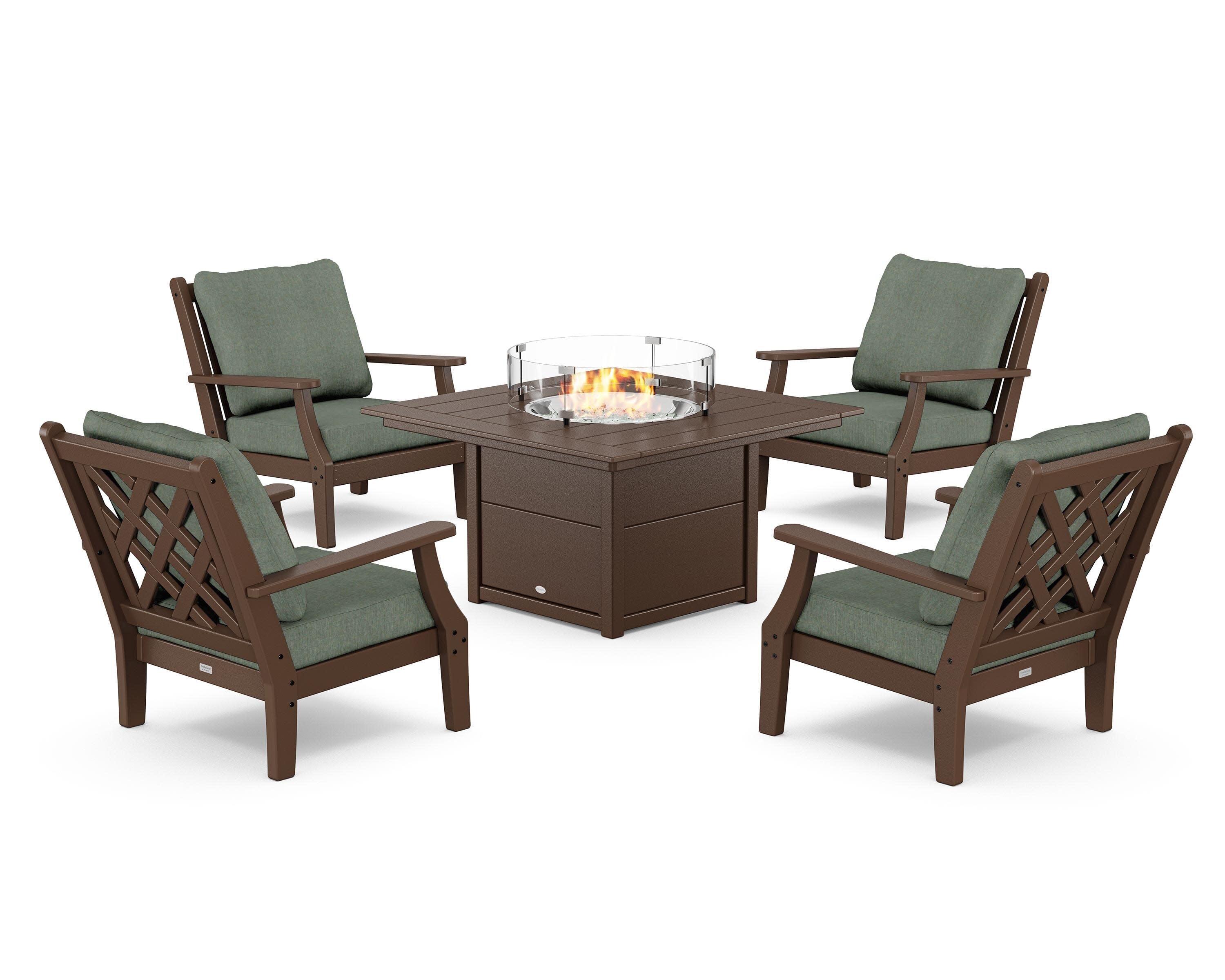 Wovendale 5-Piece Deep Seating Set with Fire Pit Table in Mahogany / Cast Sage