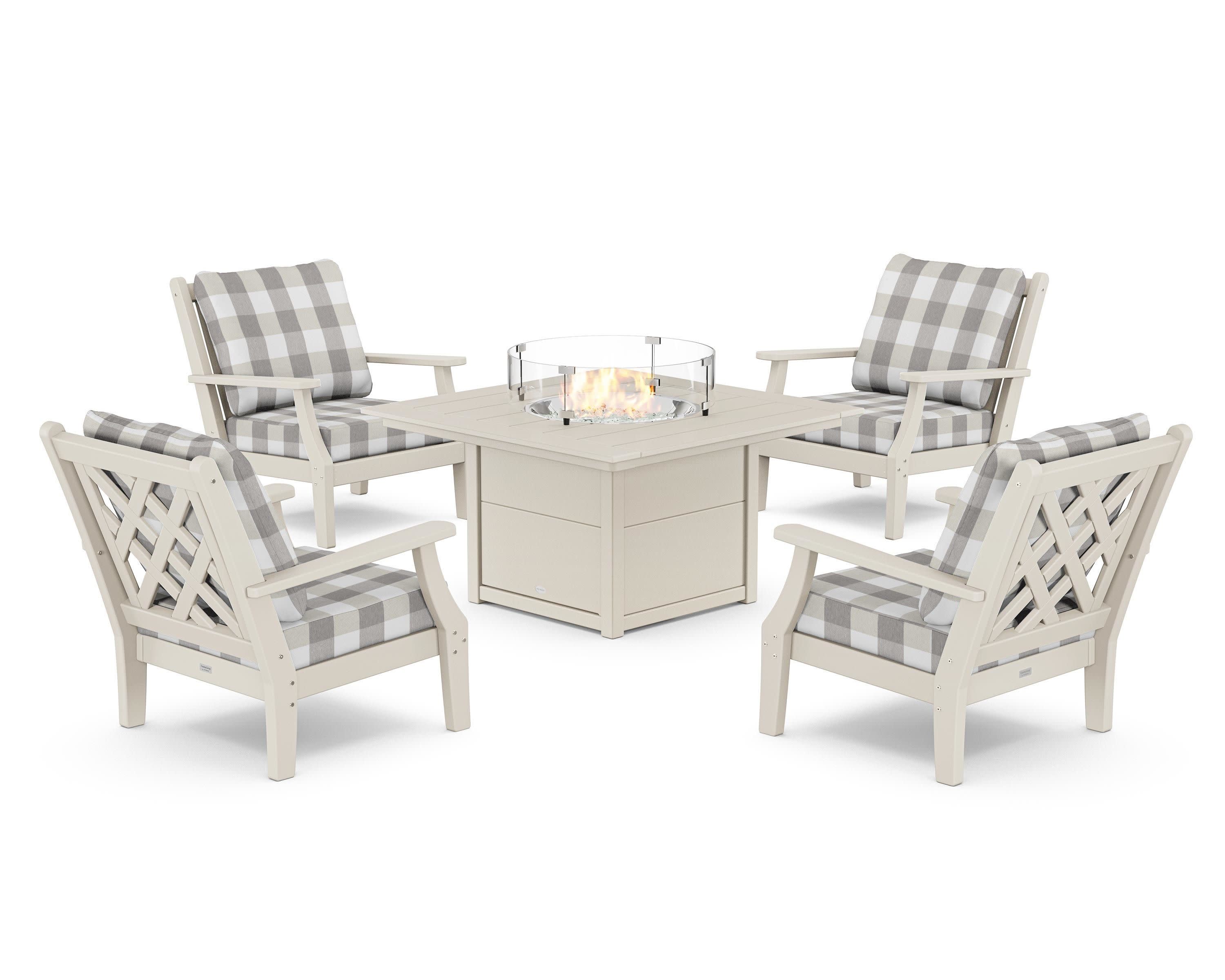 Wovendale 5-Piece Deep Seating Set with Fire Pit Table in Sand / Buffalo Plaid Grey Mist