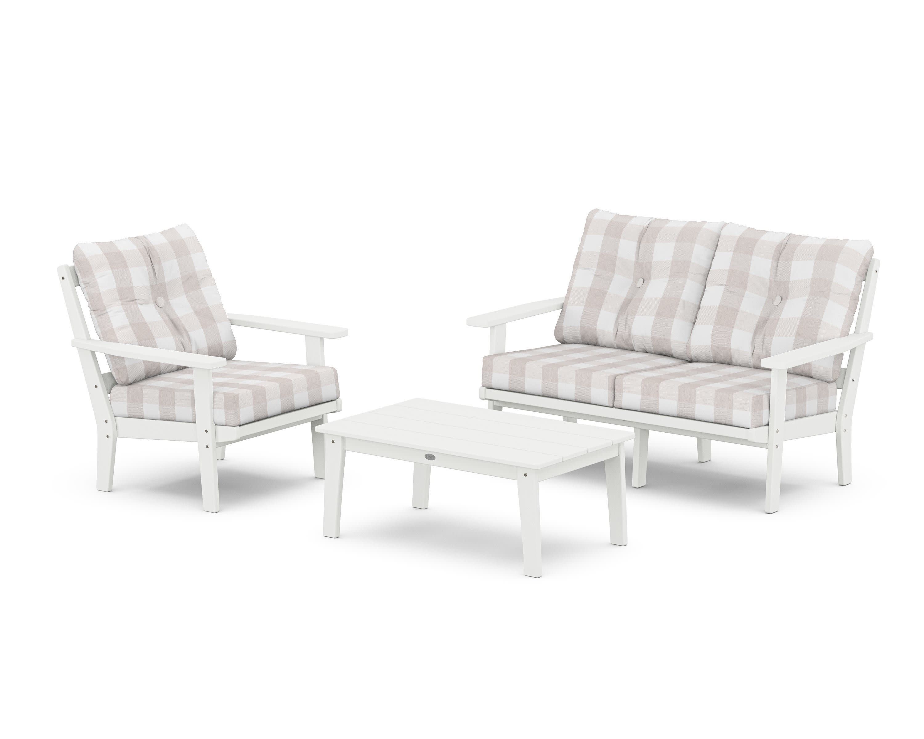 Prairie 3-Piece Deep Seating Set with Loveseat in White / Buffalo Plaid Dune Burlap