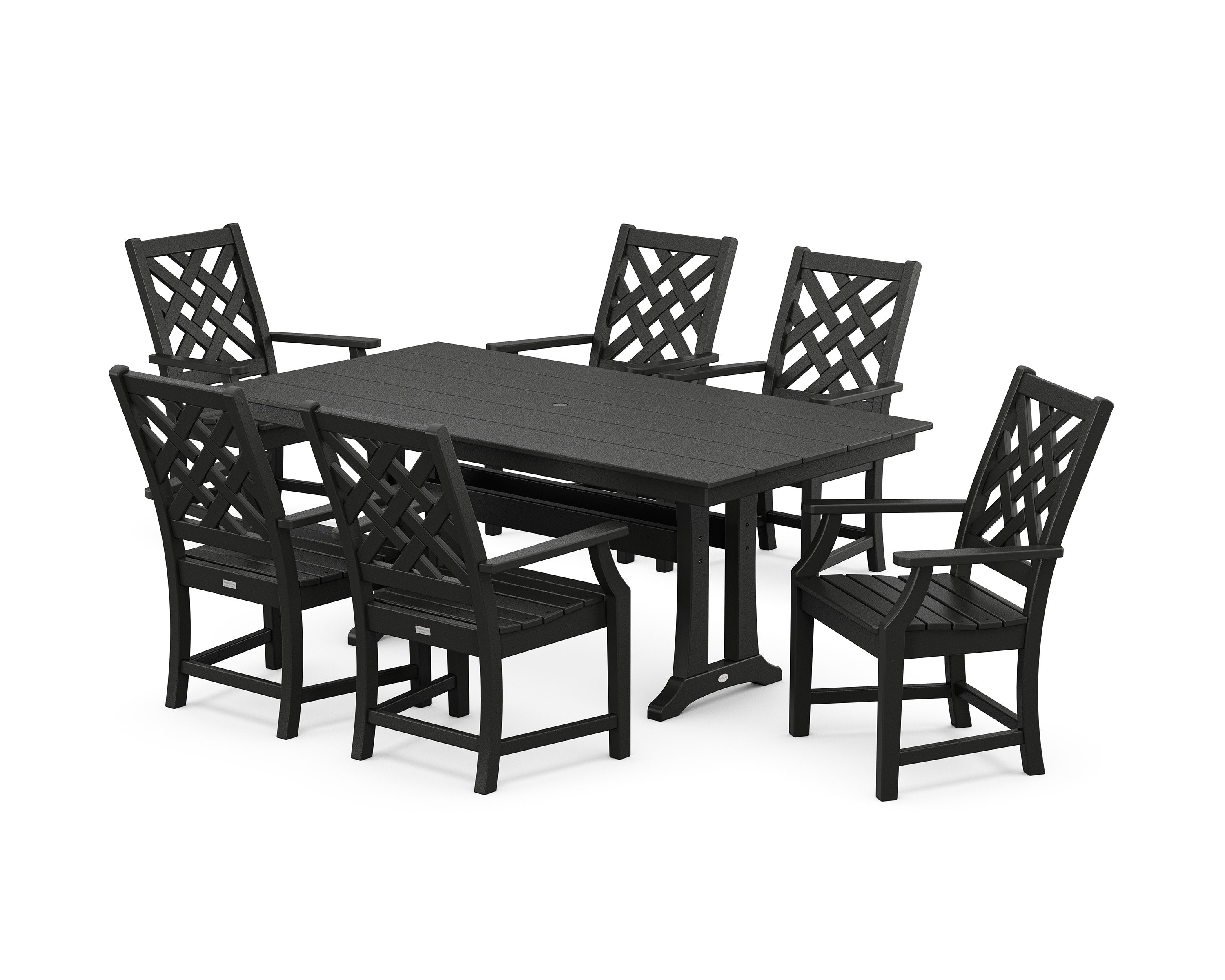 Wovendale Arm Chair 7-Piece Farmhouse Dining Set with Trestle Legs in Black