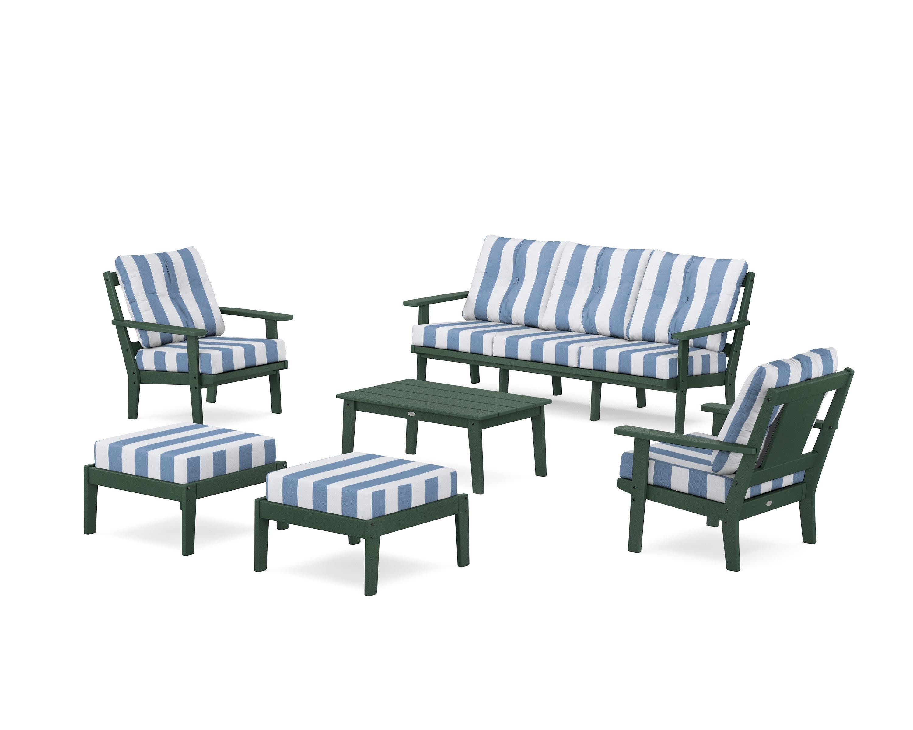 Prairie 6-Piece Lounge Sofa Set in Green / Cabana Stripe Sky Blue