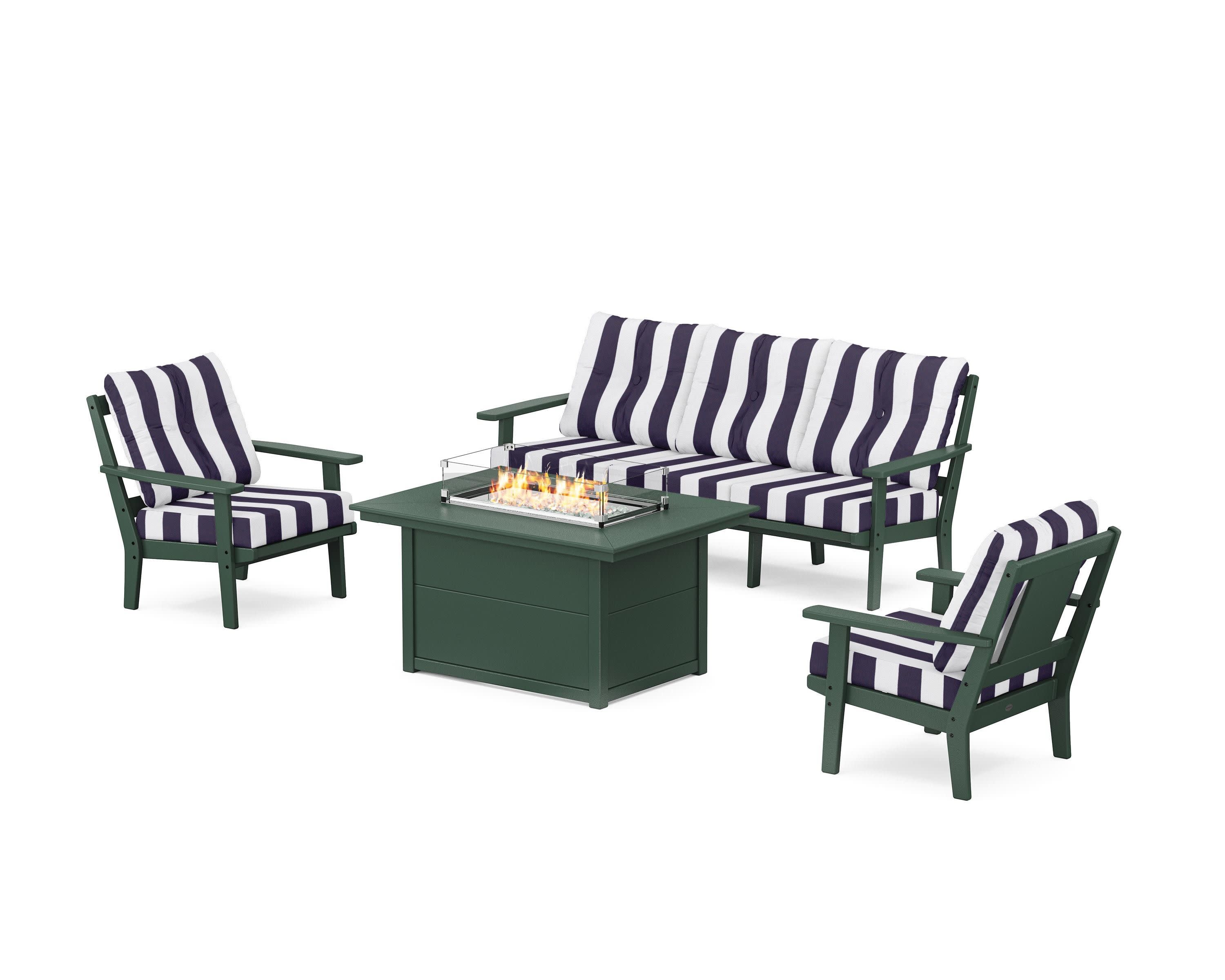 Prairie Deep Seating Fire Pit Table Set in Green / Cabana Stripe Navy