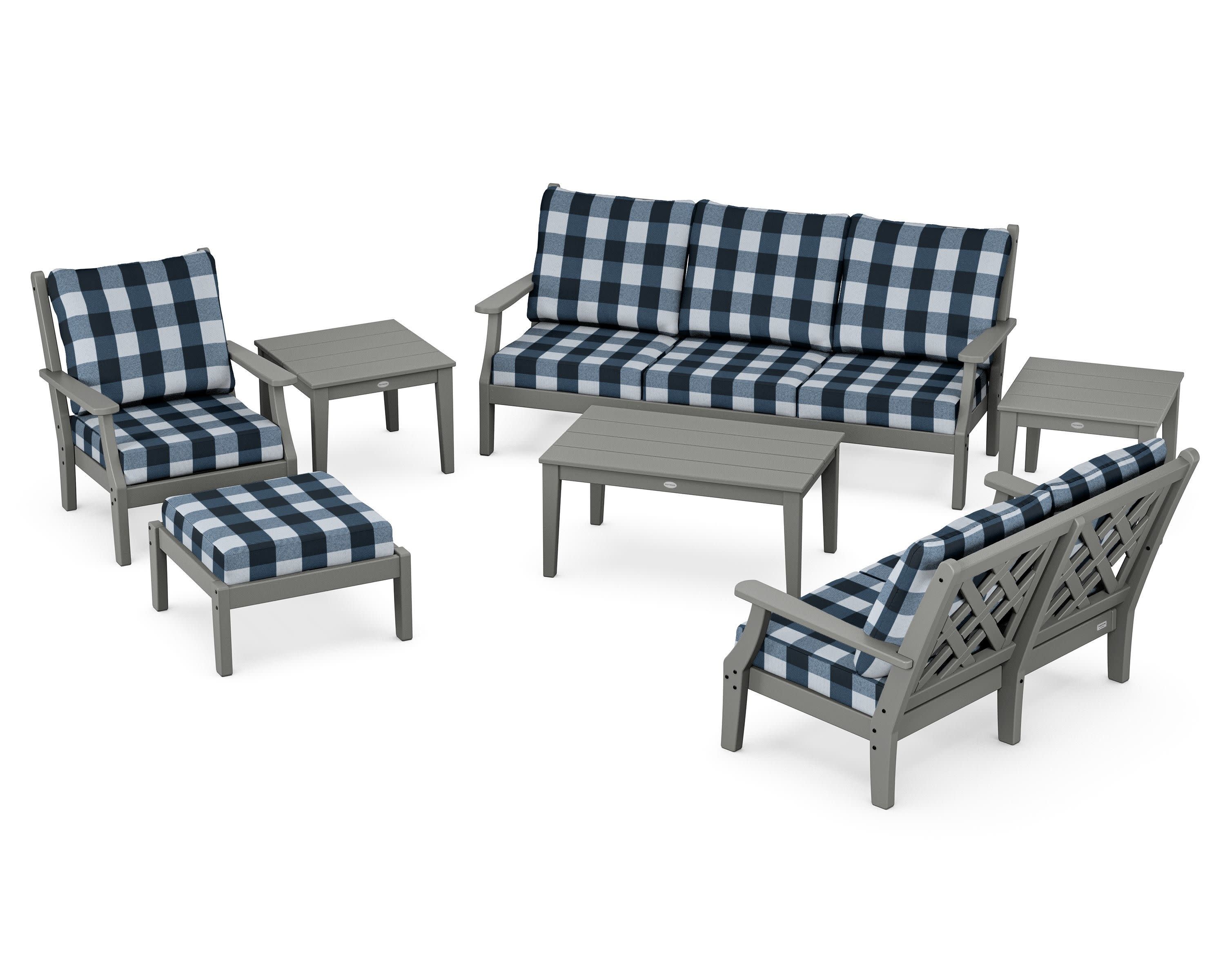 Wovendale 7-Piece Deep Seating Set in Slate Grey / Buffalo Plaid Marine Indigo