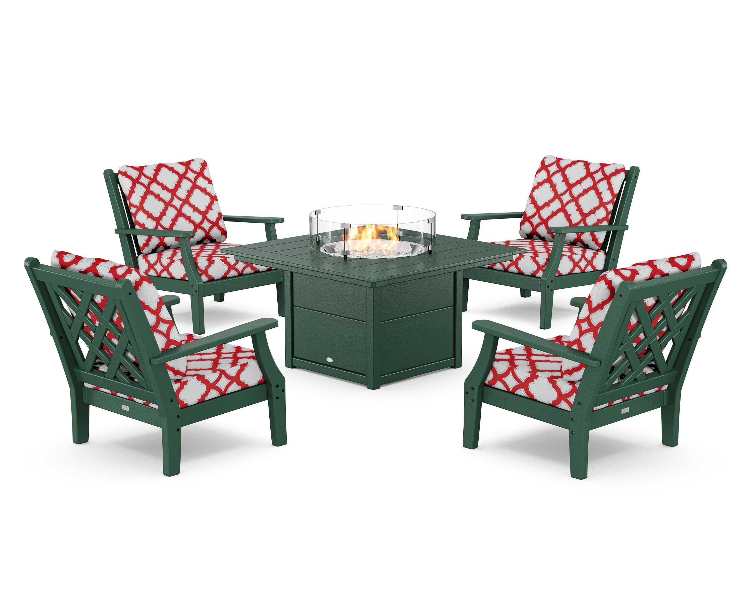 Wovendale 5-Piece Deep Seating Set with Fire Pit Table in Green / Trellis Crimson