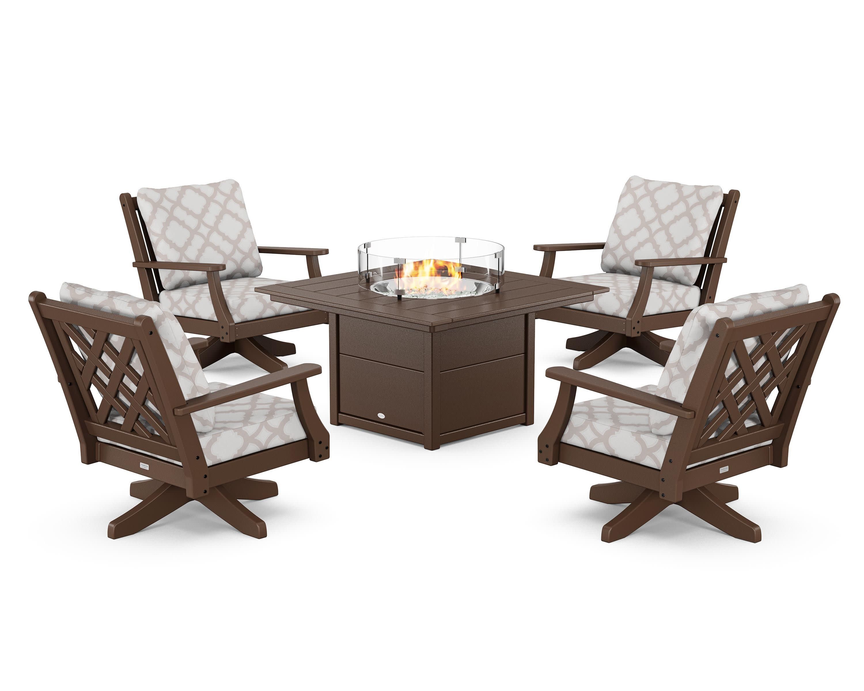 Wovendale 5-Piece Deep Seating Swivel Conversation Set with Fire Pit Table in Mahogany / Trellis Dune Burlap