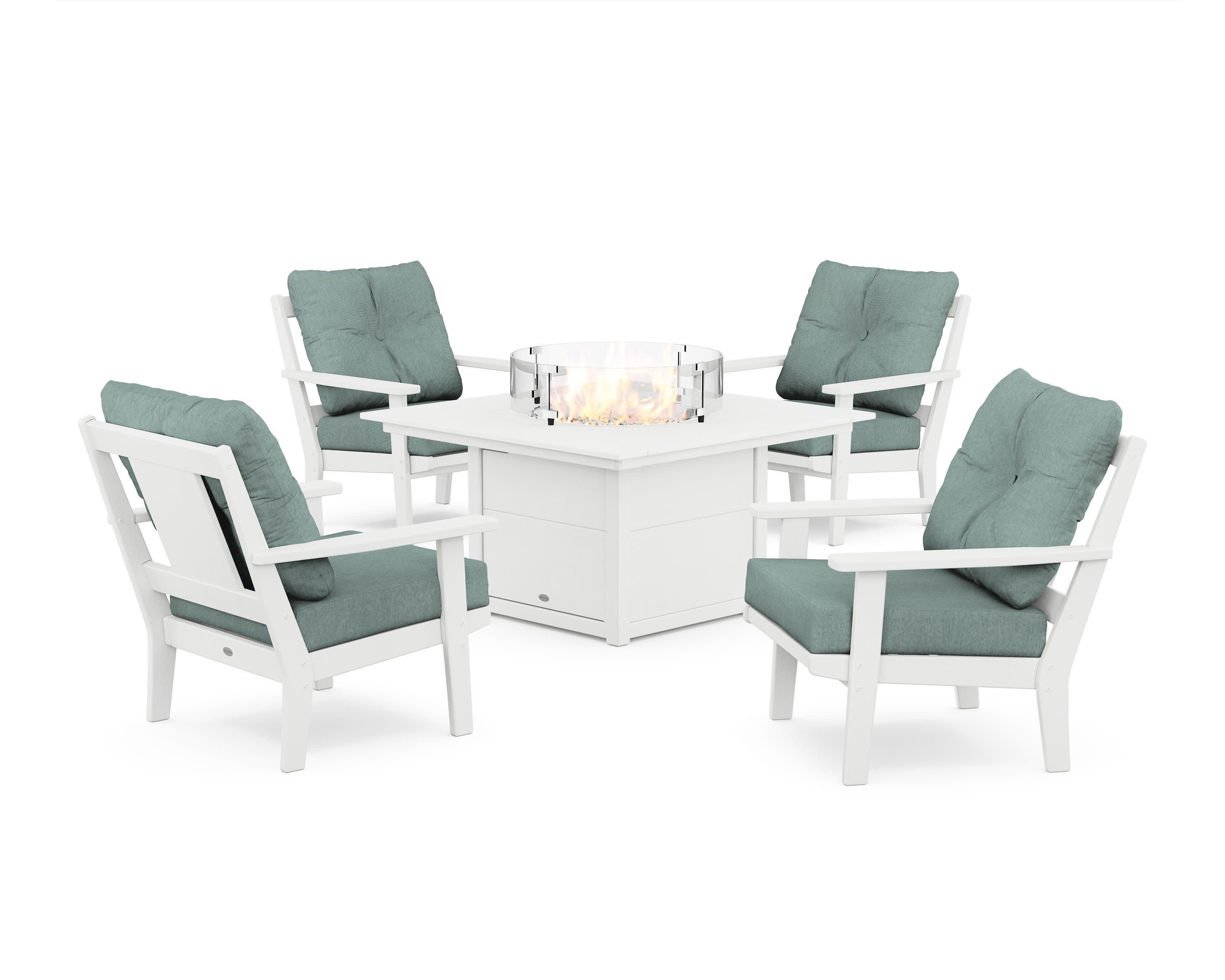 Prairie 5-Piece Deep Seating Set with Fire Pit Table in White / Glacier Spa
