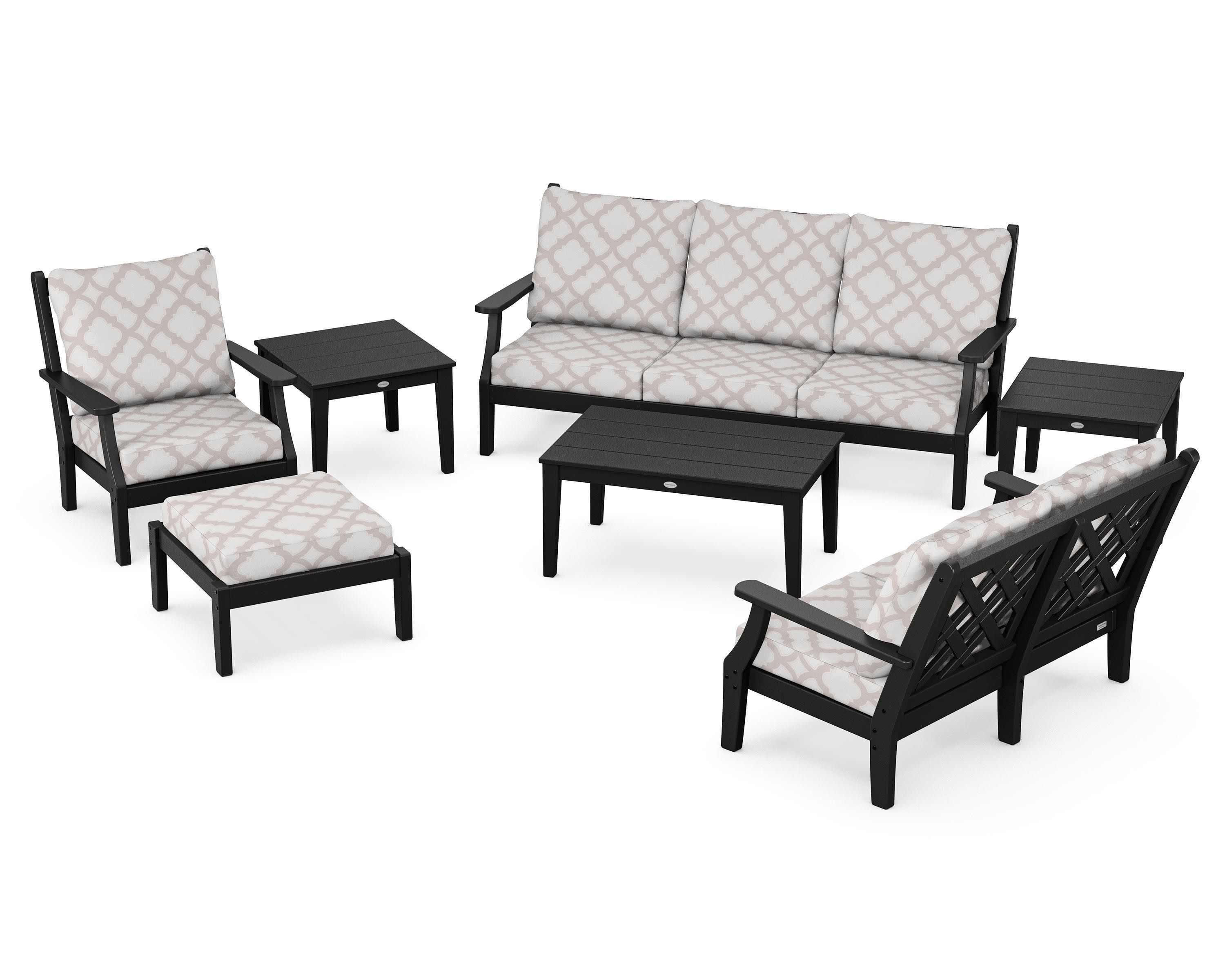 Wovendale 7-Piece Deep Seating Set in Black / Trellis Dune Burlap