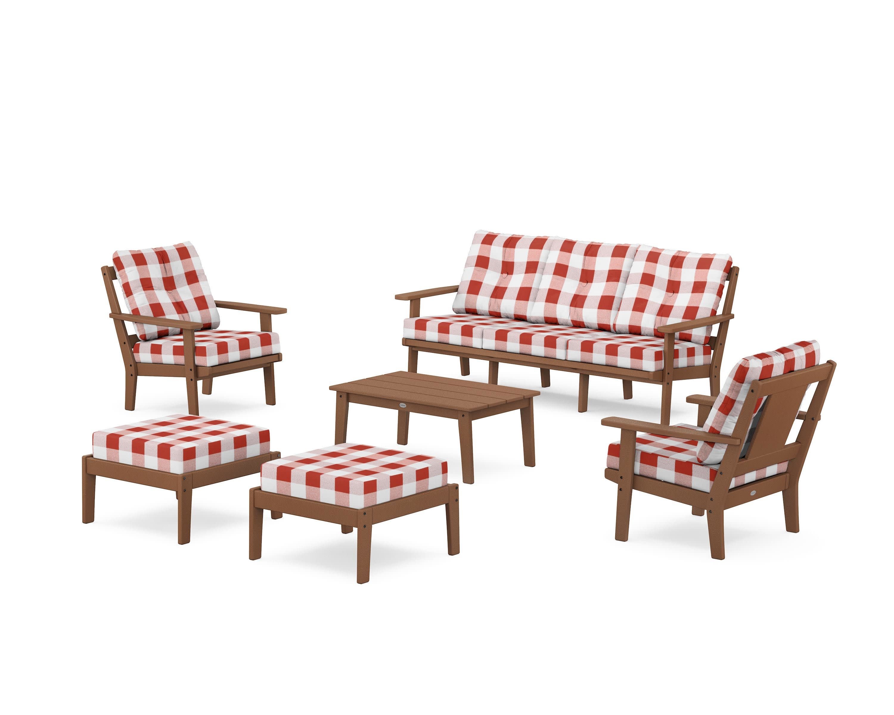 Prairie 6-Piece Lounge Sofa Set in Teak / Buffalo Plaid Crimson