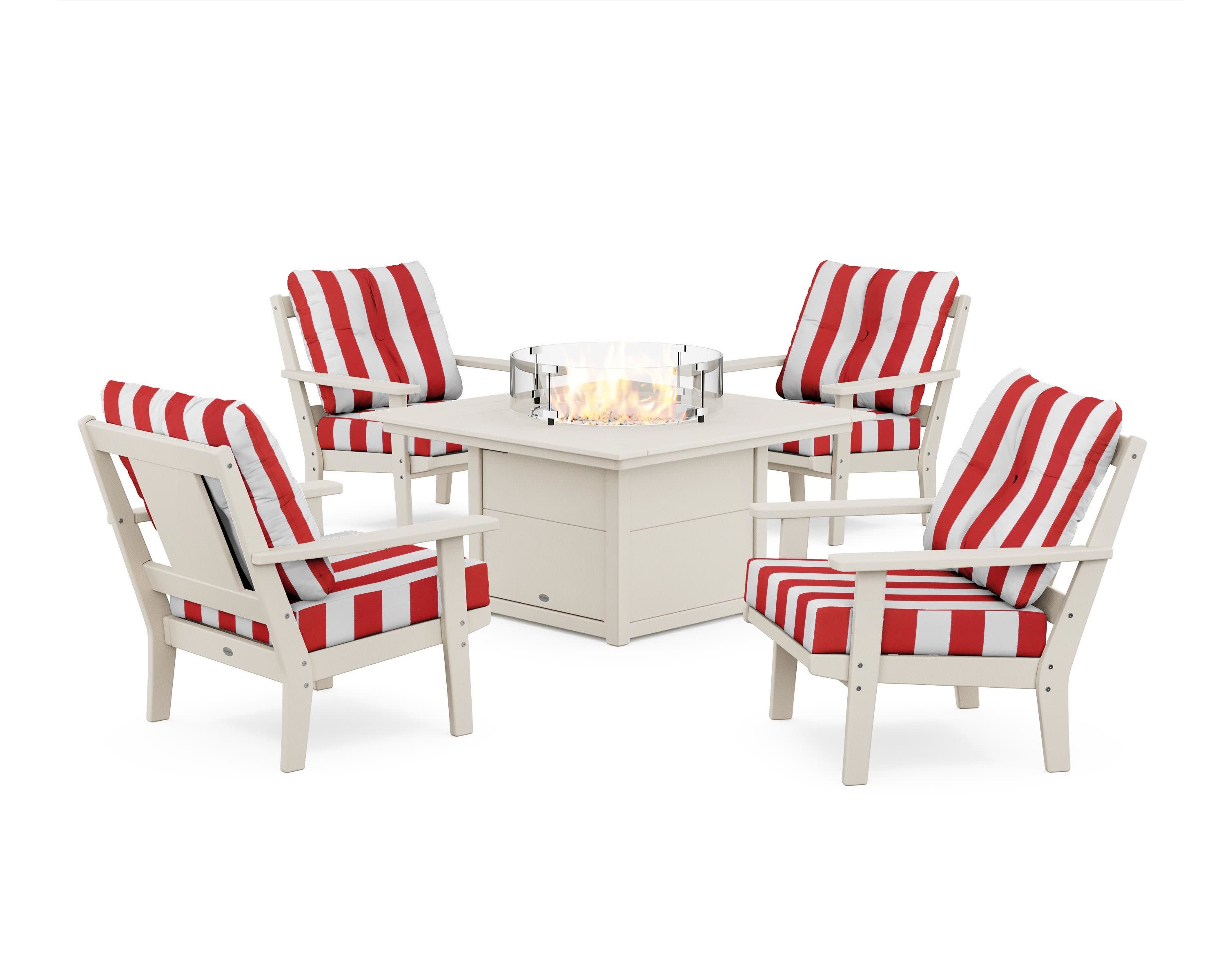 Prairie 5-Piece Deep Seating Set with Fire Pit Table in Sand / Cabana Stripe Crimson