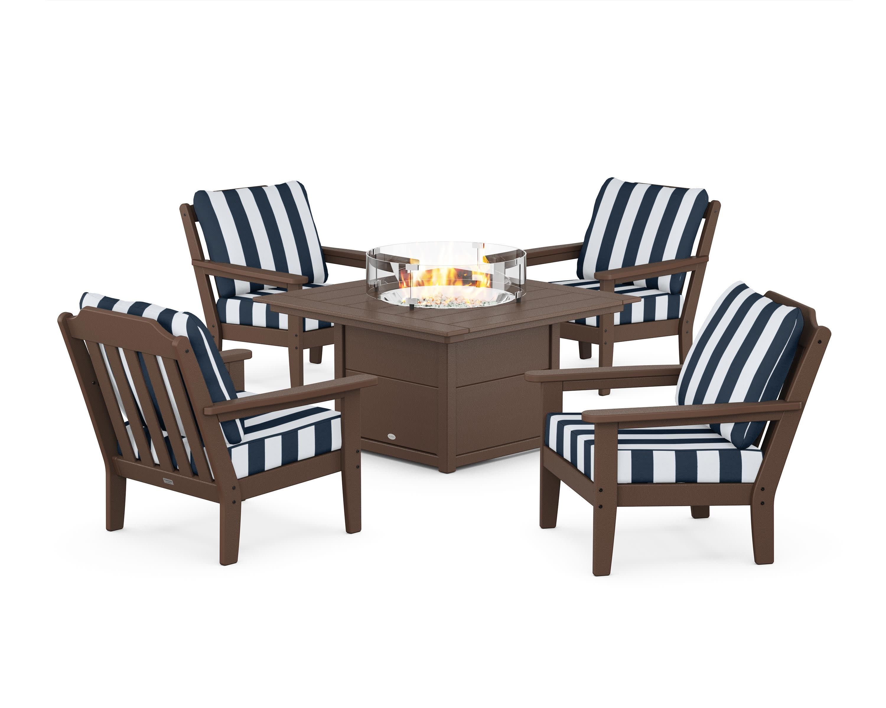 Cottage 5-Piece Deep Seating Set with Fire Pit Table in Mahogany / Cabana Stripe Marine Indigo