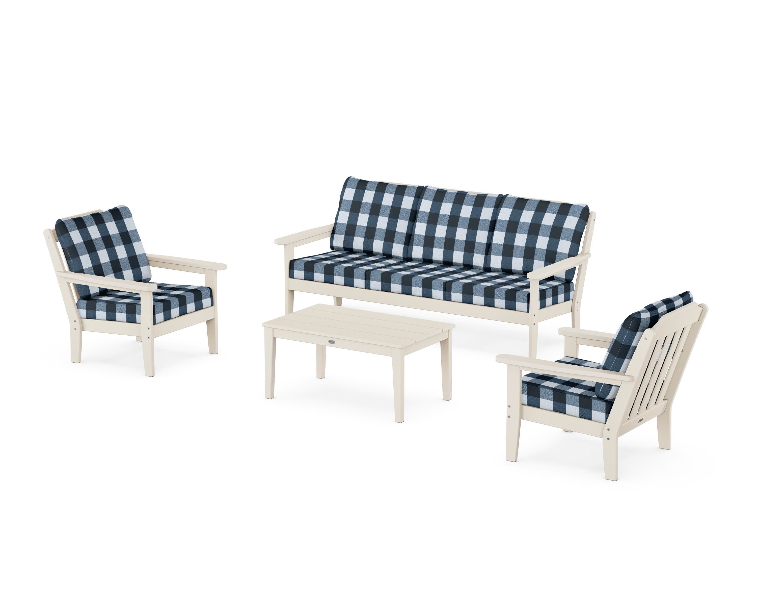 Cottage 4-Piece Deep Seating Set with Sofa in Sand / Buffalo Plaid Marine Indigo