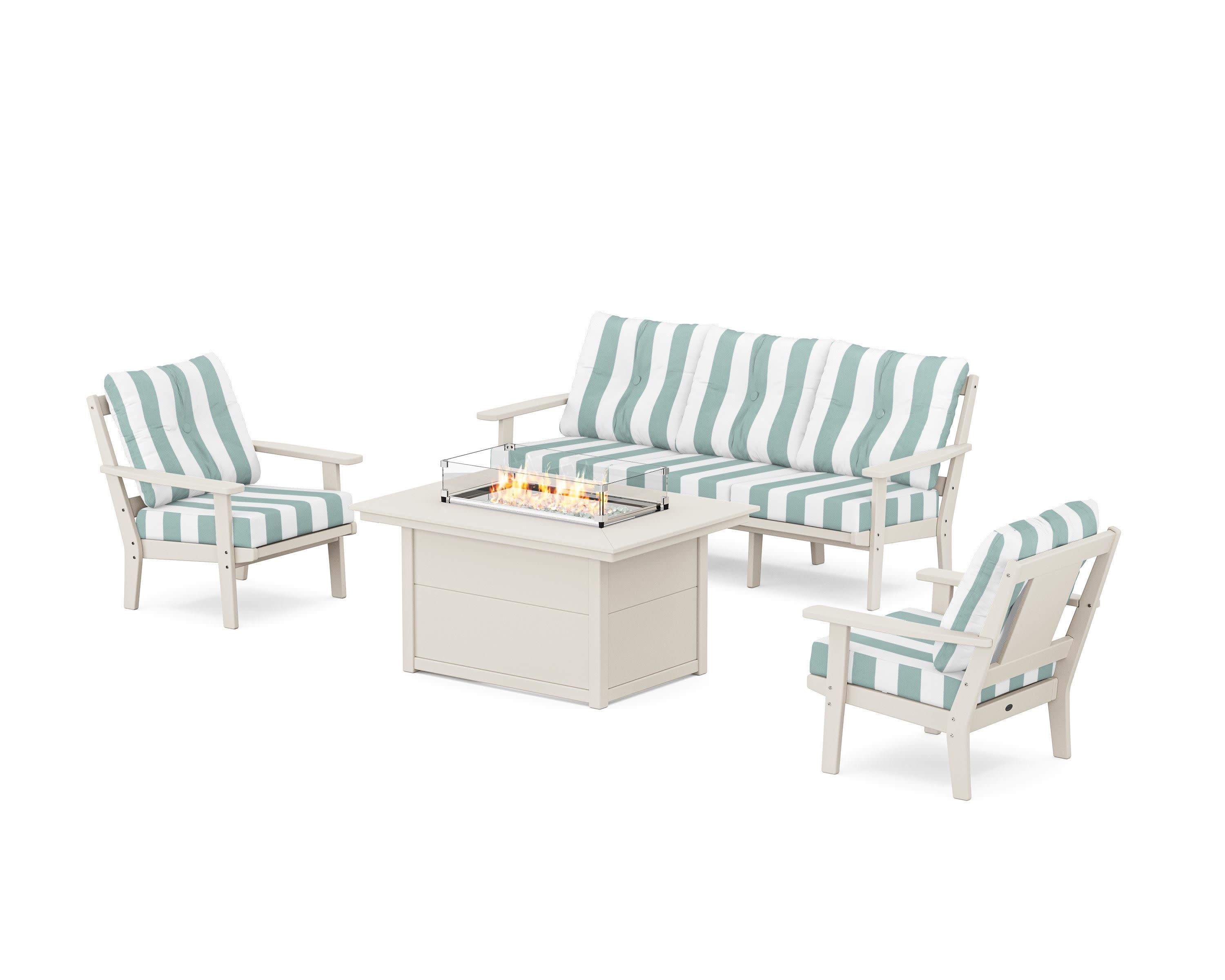 Prairie Deep Seating Fire Pit Table Set in Sand / Cabana Stripe Glacier Spa
