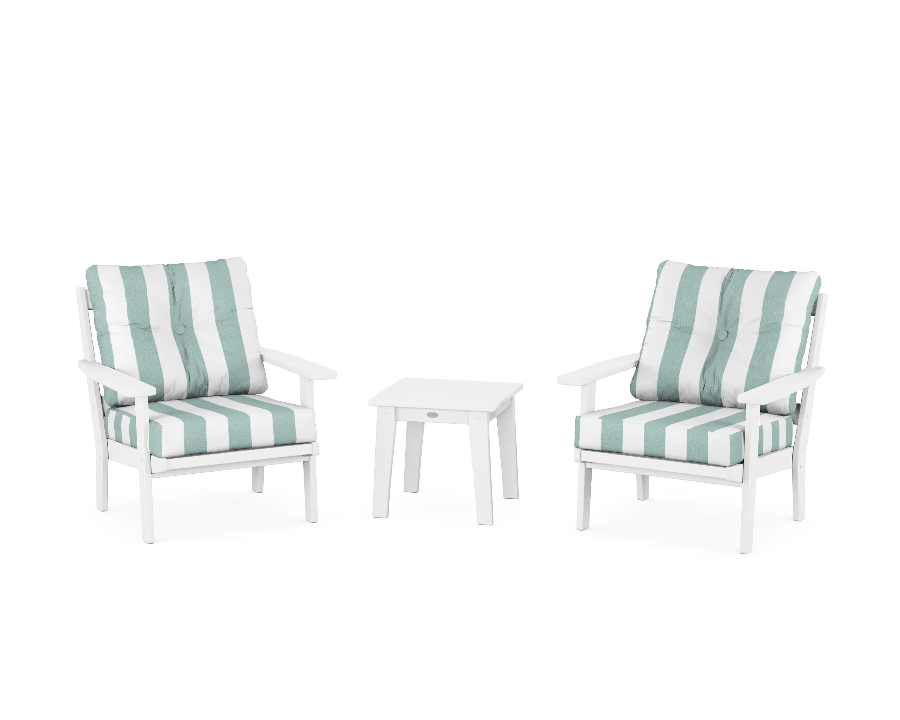 Prairie 3-Piece Deep Seating Set in White / Cabana Stripe Glacier Spa