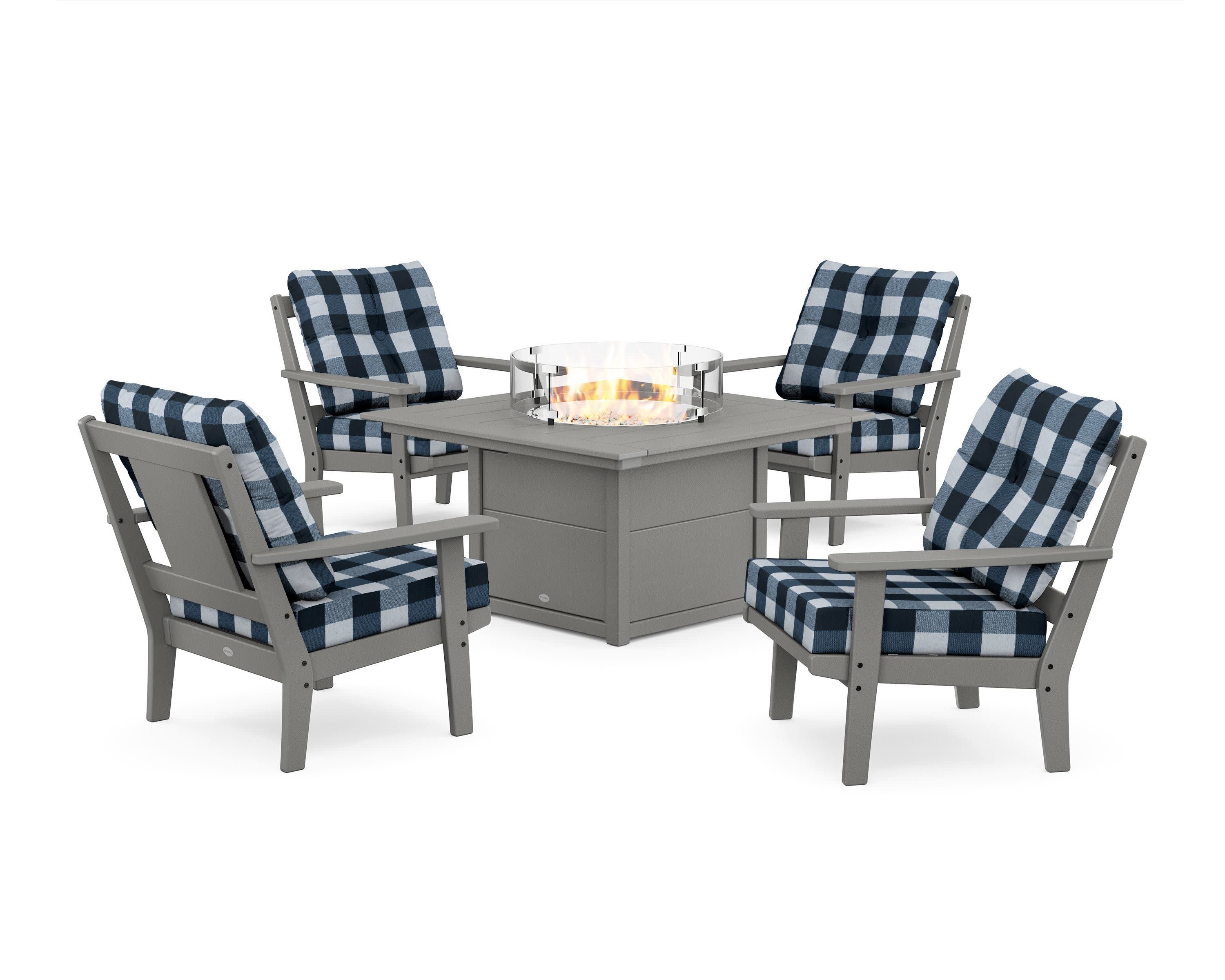 Prairie 5-Piece Deep Seating Set with Fire Pit Table in Slate Grey / Buffalo Plaid Marine Indigo