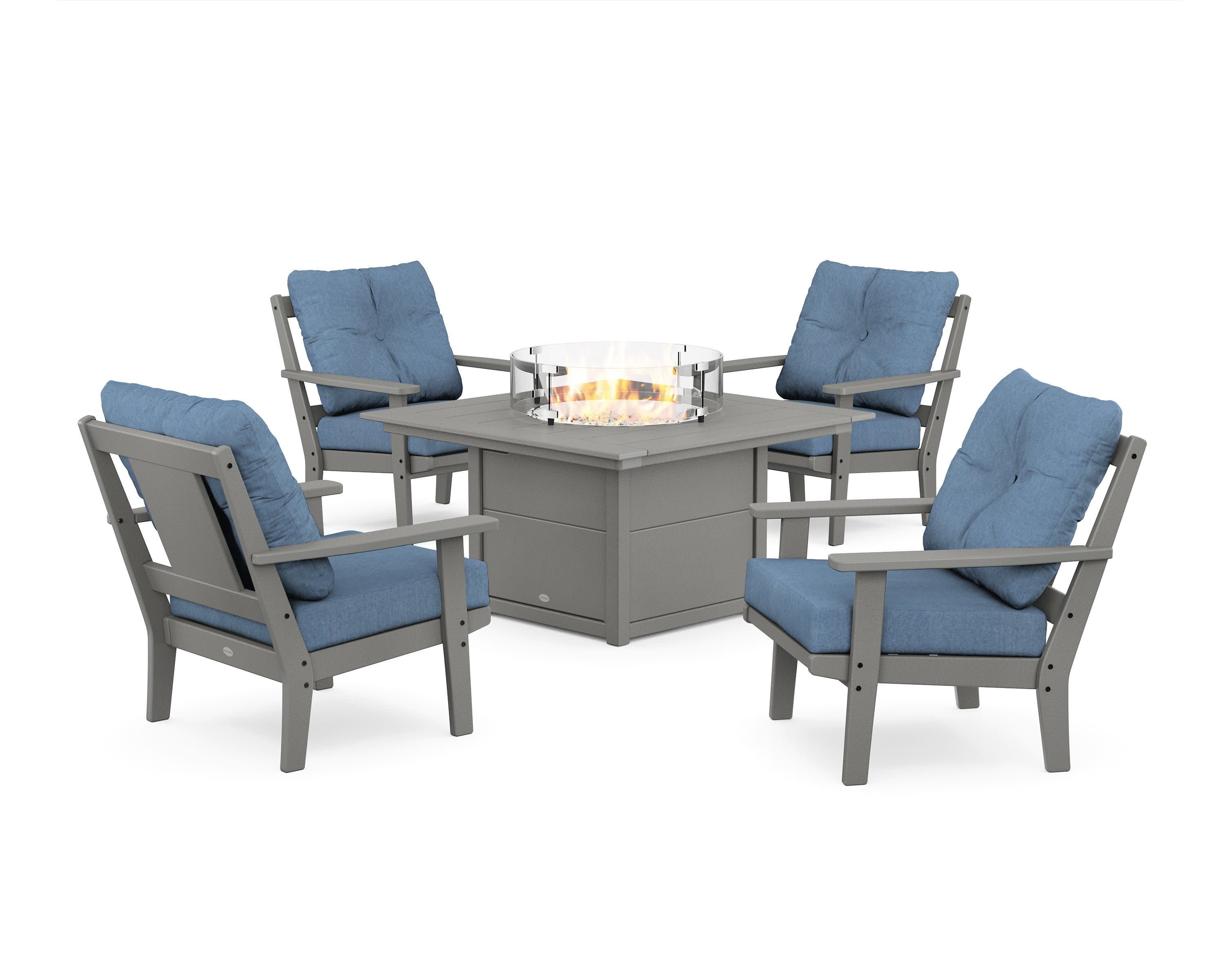Prairie 5-Piece Deep Seating Set with Fire Pit Table in Slate Grey / Sky Blue