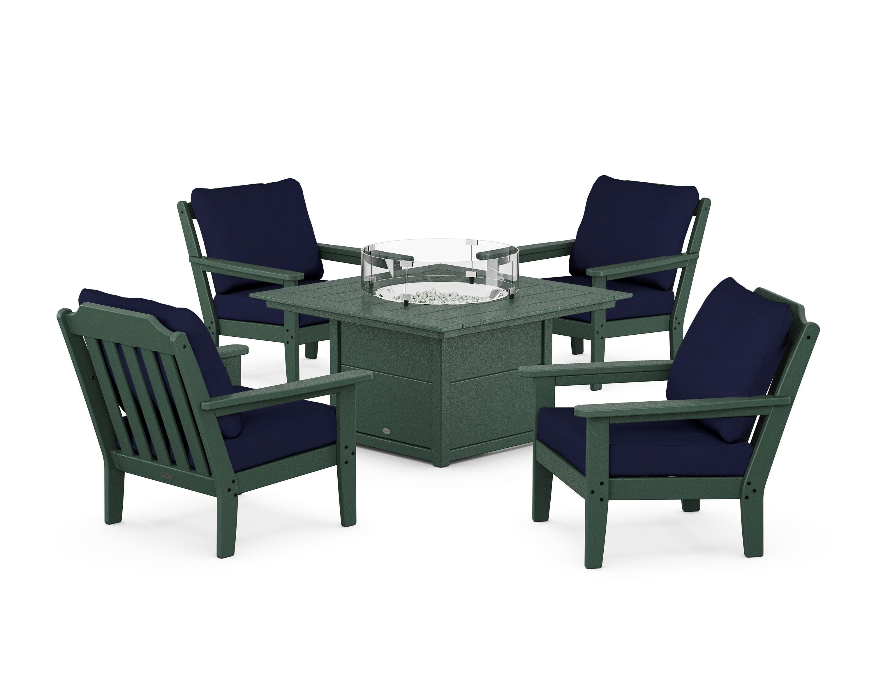 Cottage 5-Piece Deep Seating Set with Fire Pit Table in Green / Navy