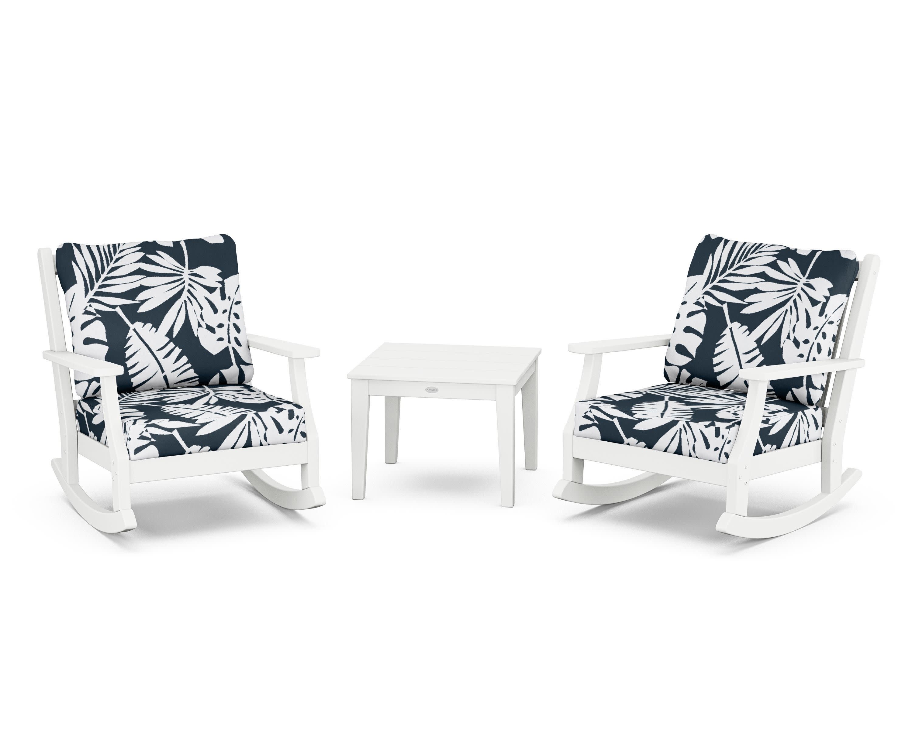 Wovendale 3-Piece Deep Seating Rocker Set in White / Leaf Marine Indigo